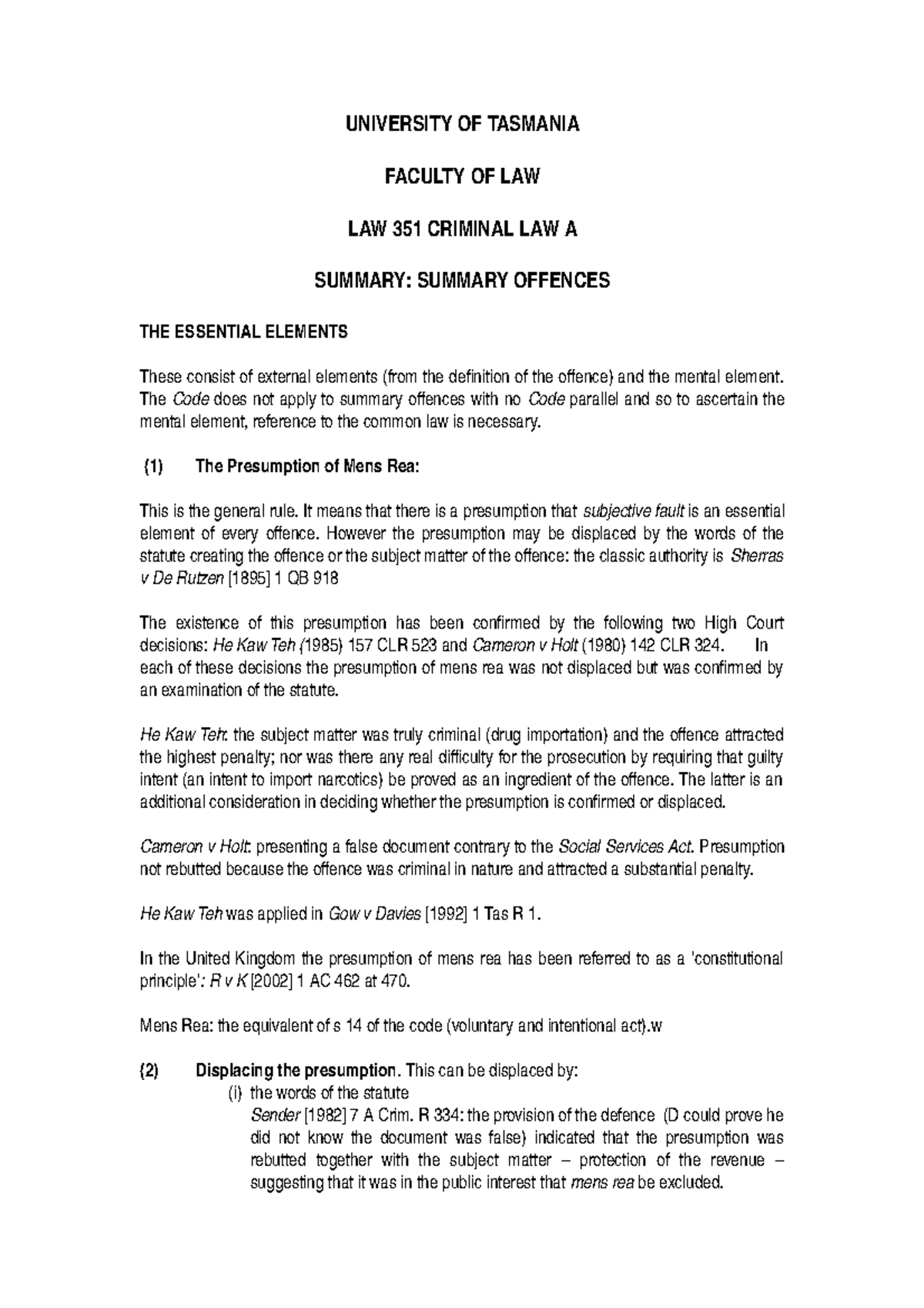 Summary+2+Summary+Offences+2016 UNIVERSITY OF TASMANIA FACULTY OF LAW