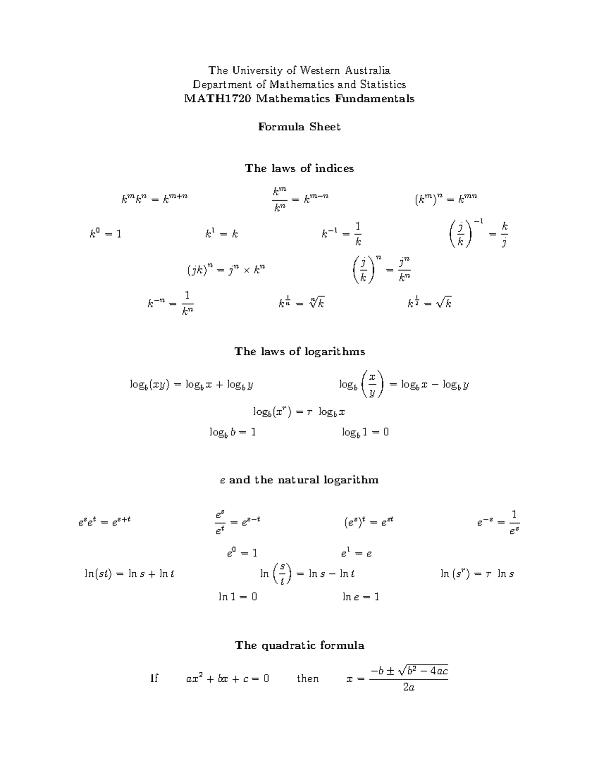 MATH1720 Formula Sheet - The University of Western Australia Department ...