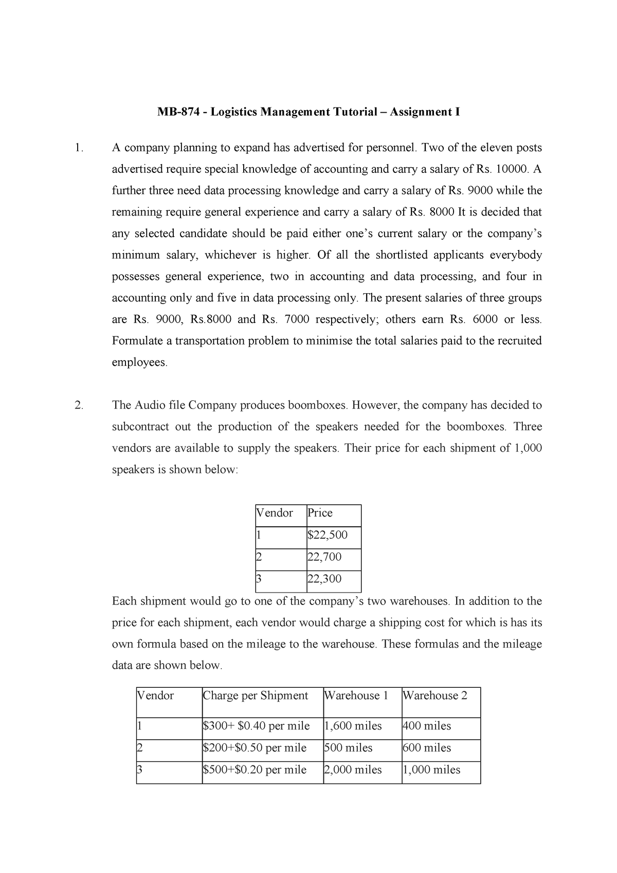 logistics management assignment