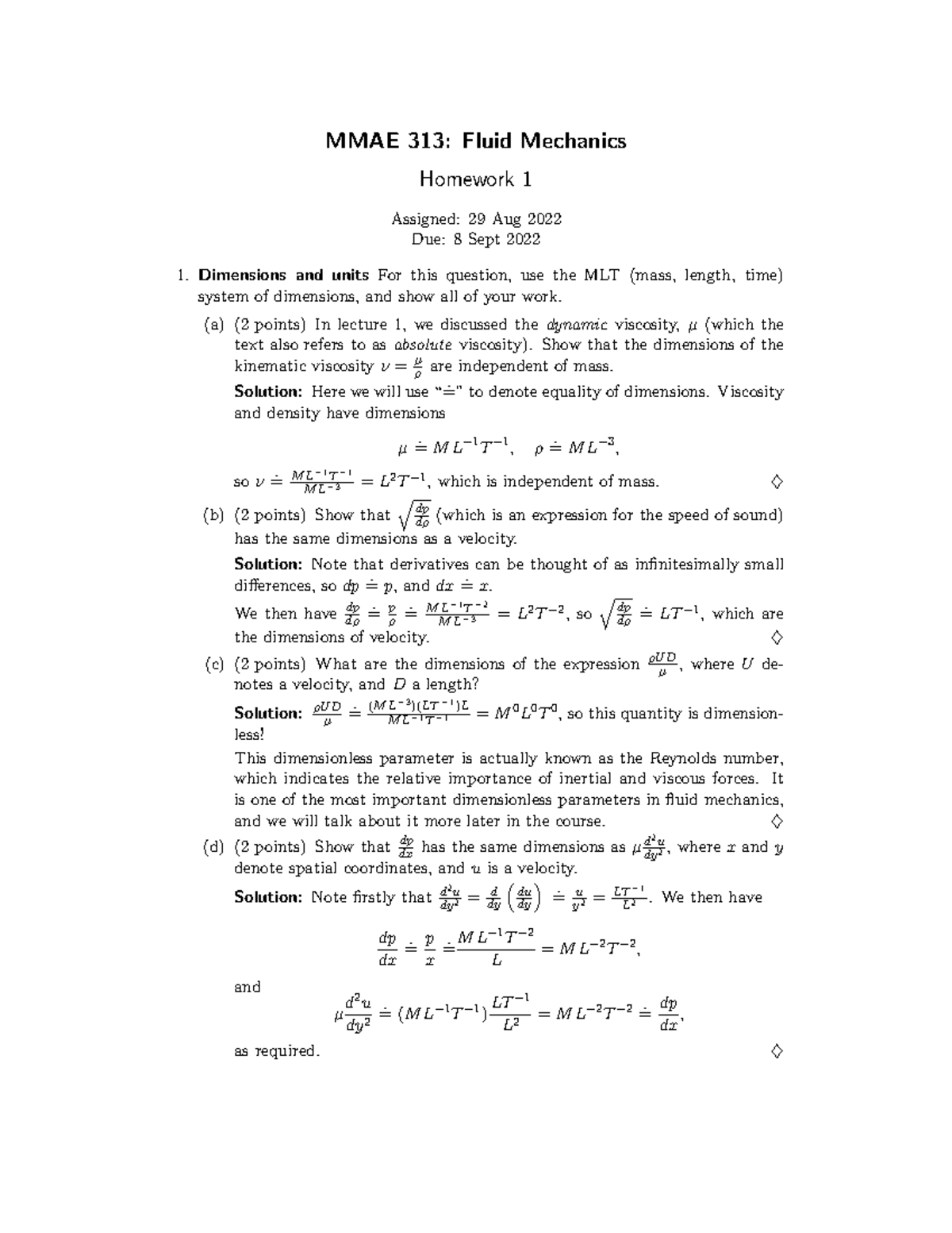 Homework 1solutions MMAE 313 Fluid Mechanics Homework 1 Assigned 29
