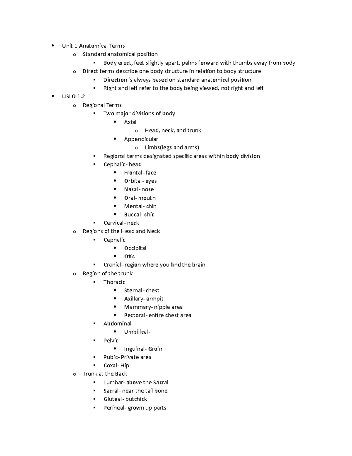 1150 1st Notes - Please read carefully - Unit 1 Anatomical Terms o ...
