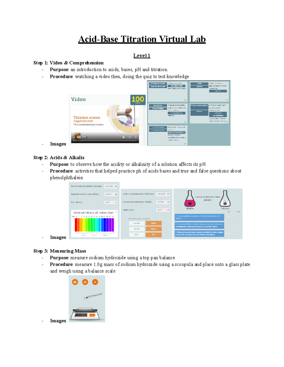 AcidBase Titration Virtual Lab Procedure watching a video then, doing the quiz to test