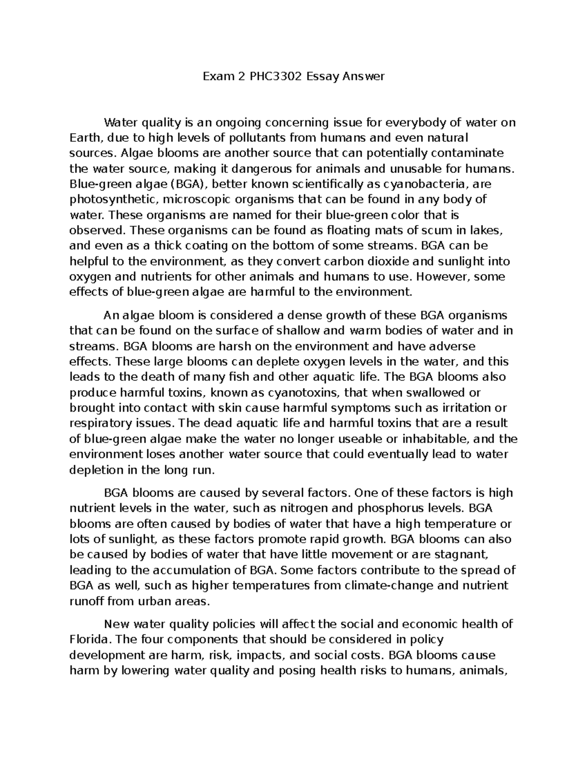 Exam 2 PHC3302 Essay Answer Exam 2 PHC3302 Essay Answer Water quality