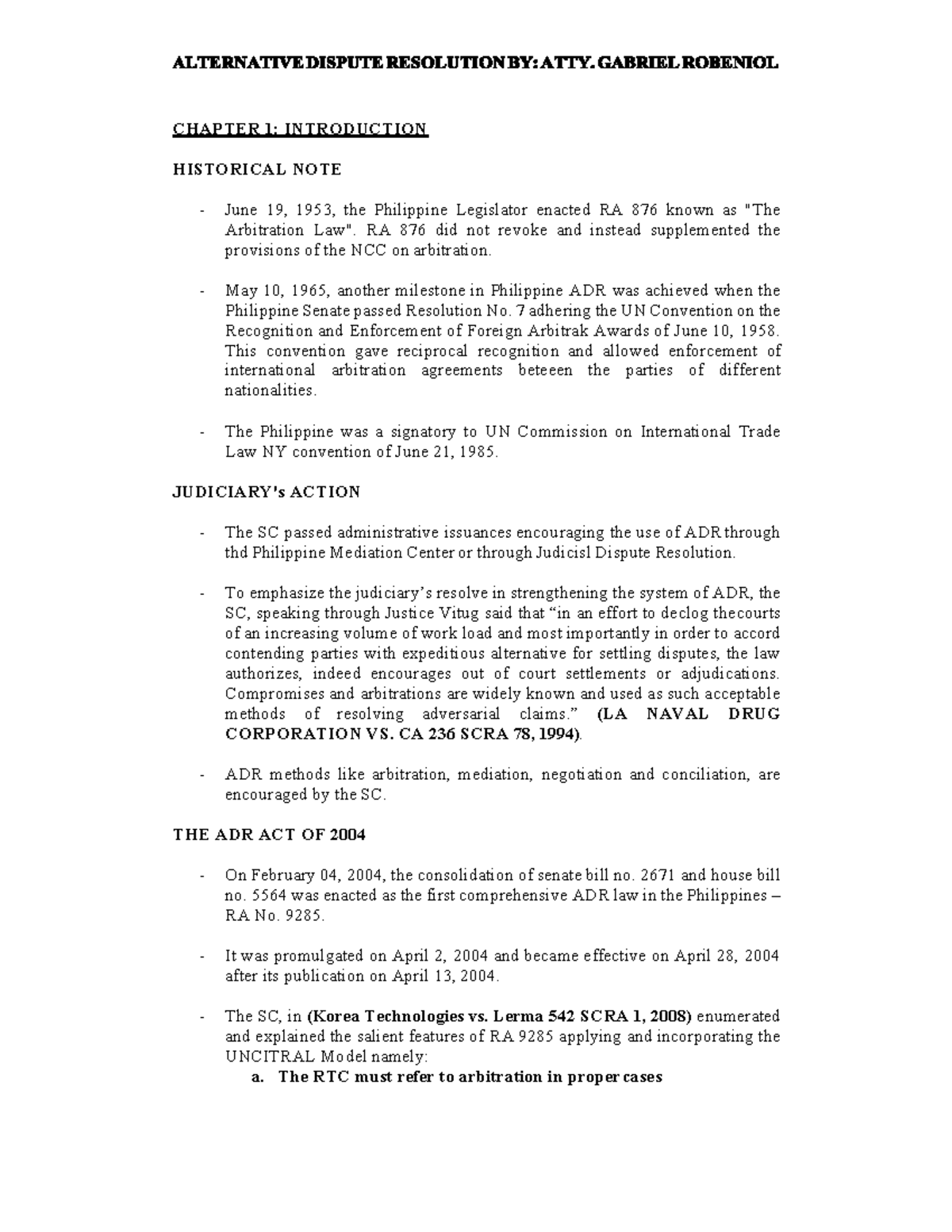 Summary ADR - notes - CHAPTER 1: INTRODUCTION HISTORICAL NOTE June 19 ...