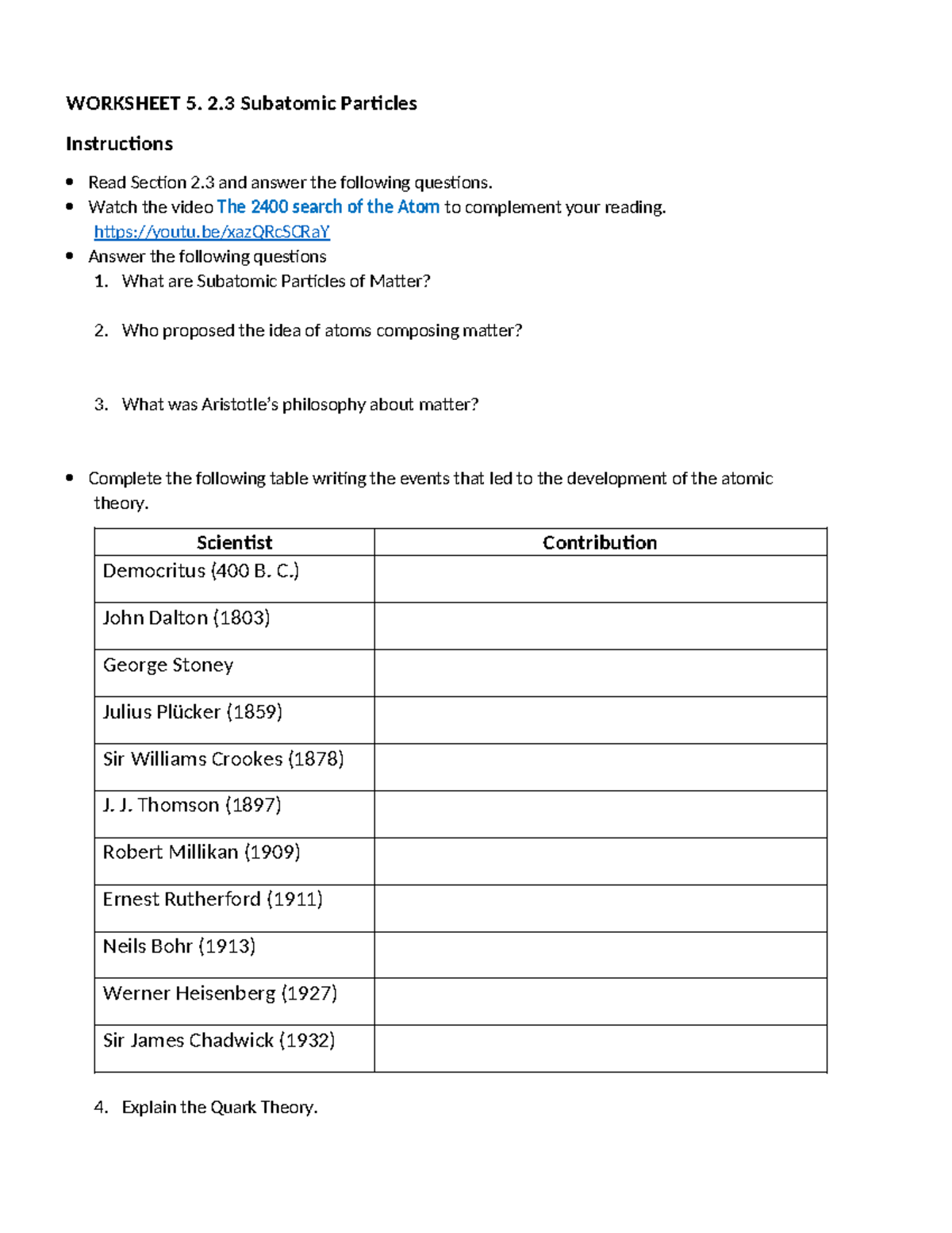 Worksheet+5 - intro a la QUIMICA - WORKSHEET 5. 2 Subatomic Particles ...