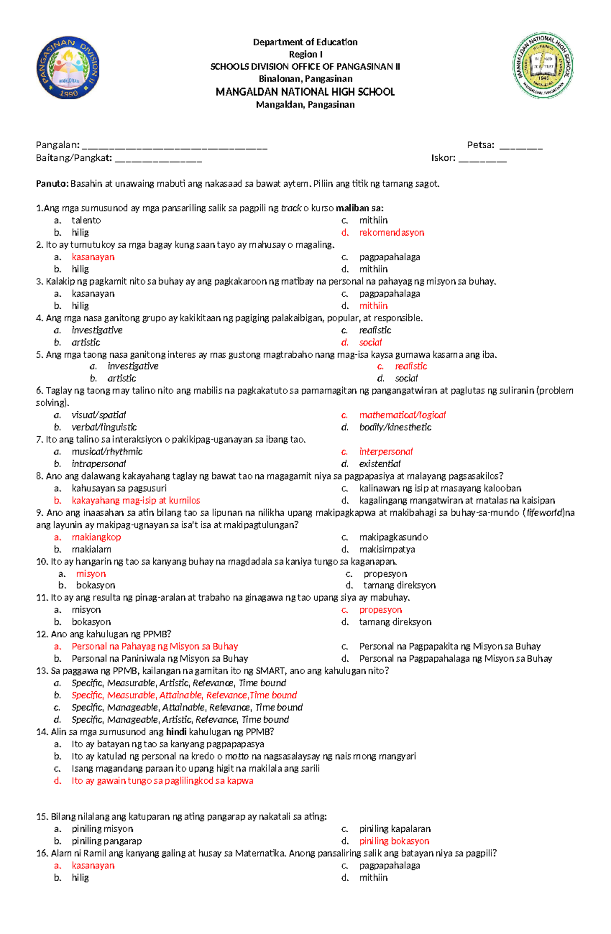 Unit test esphahah - fsaa - Department of Education Region I SCHOOLS ...