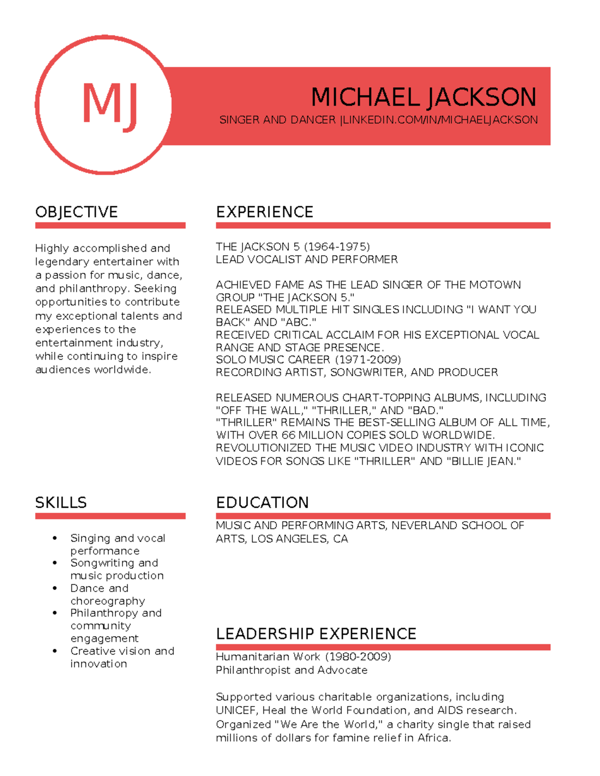 Michael Jackson Resume - MJ MICHAEL JACKSON SINGER AND DANCER |LINKEDIN ...