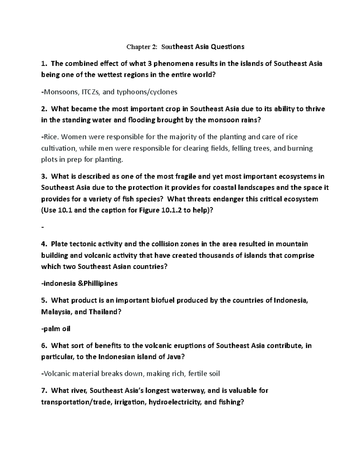 World geography 1310 chapter 2 Southeast Asia Questions 2017 cooper