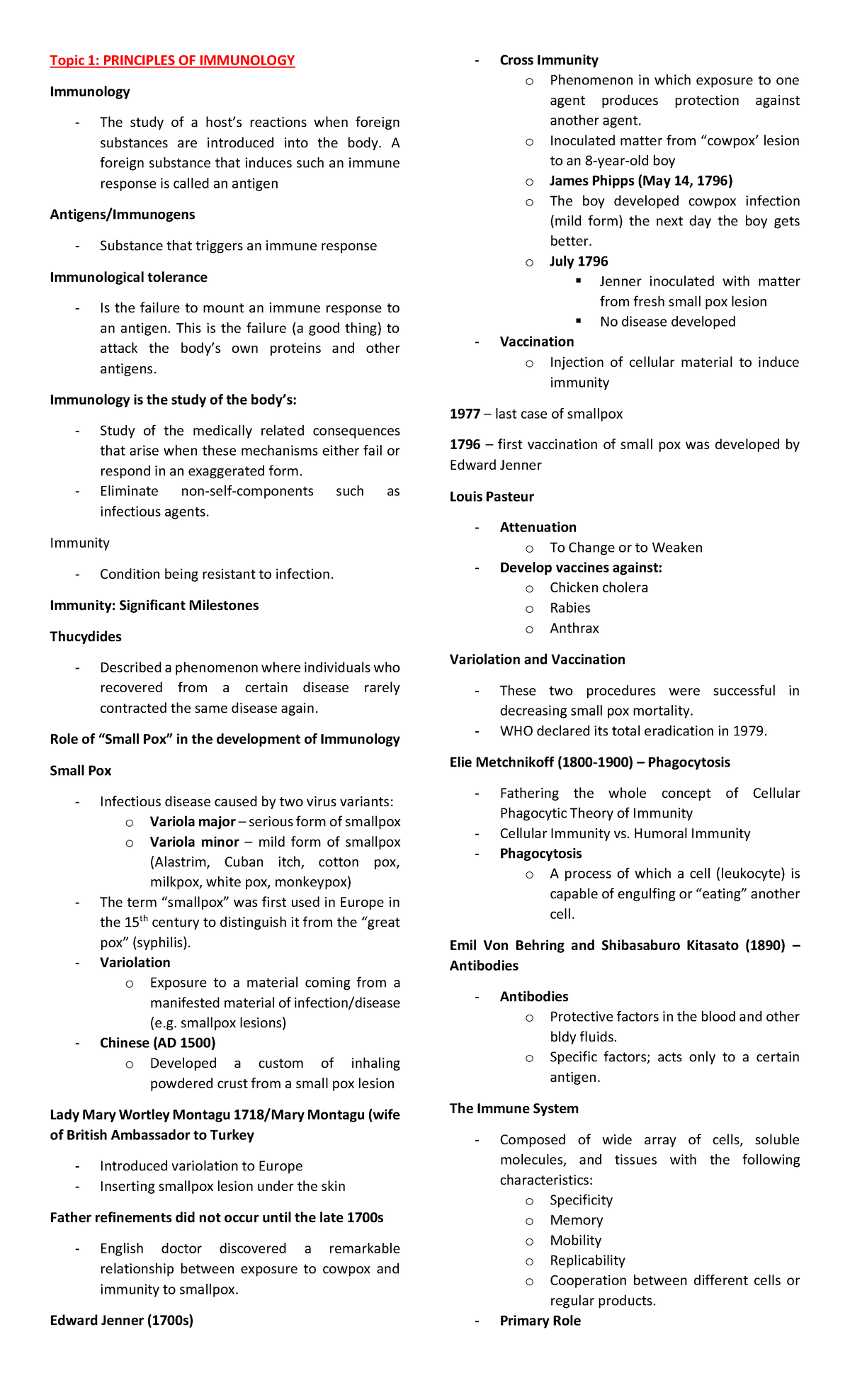 Topics-1-4 - Very helpful - Topic 1: PRINCIPLES OF IMMUNOLOGY ...