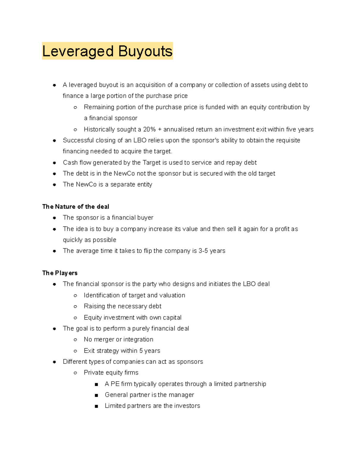 Week 5 - week 5 notes - Leveraged Buyouts A leveraged buyout is an ...