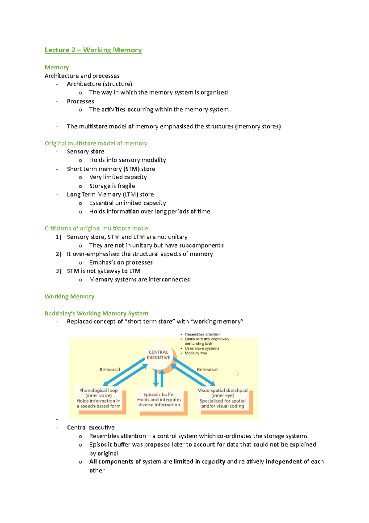 PSYU2246 Week 2 - Lecture notes 2 - Lecture 2 – Working Memory Memory ...
