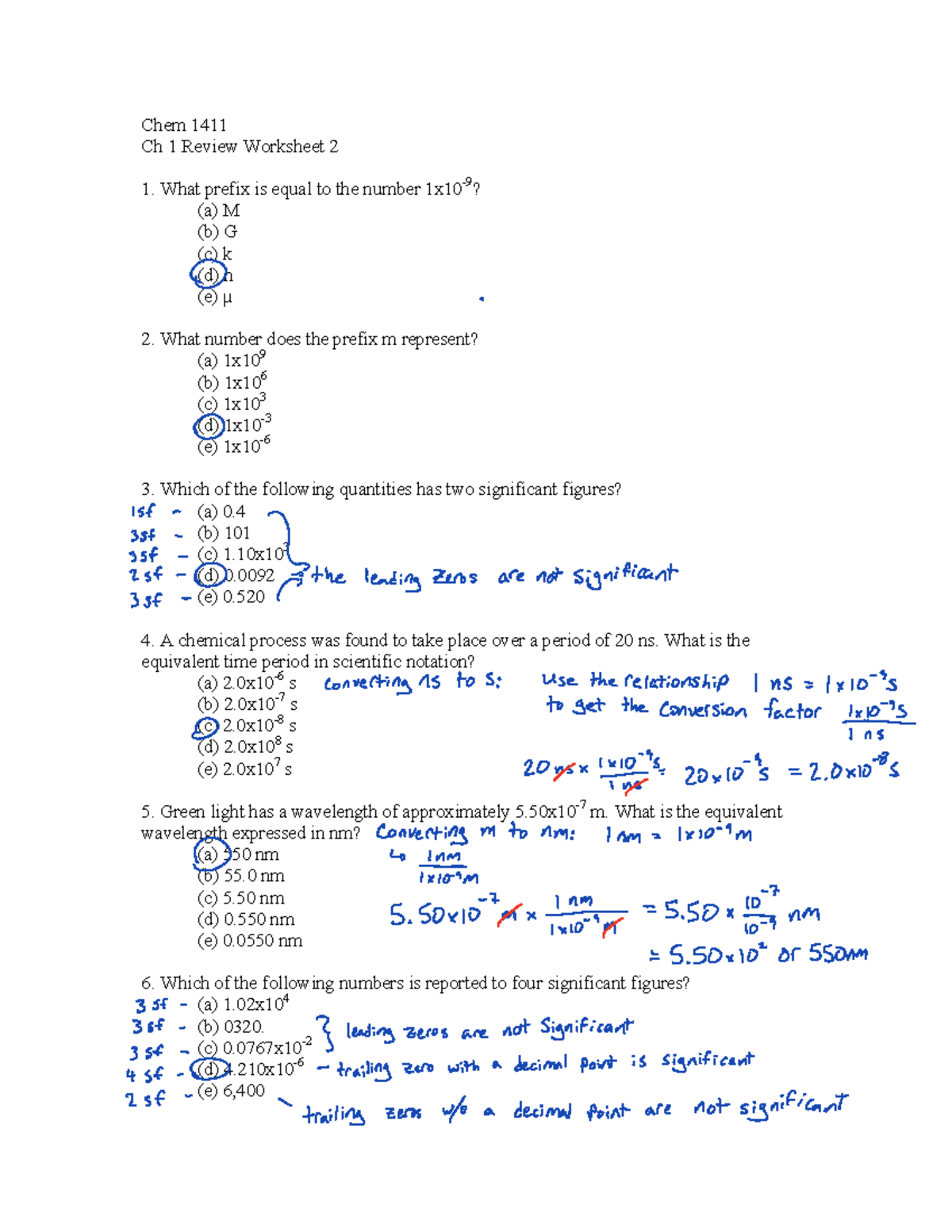 Ch 1 Review Worksheet 2 - Key Corr - Chem 1411 Ch 1 Review Worksheet 2 ...