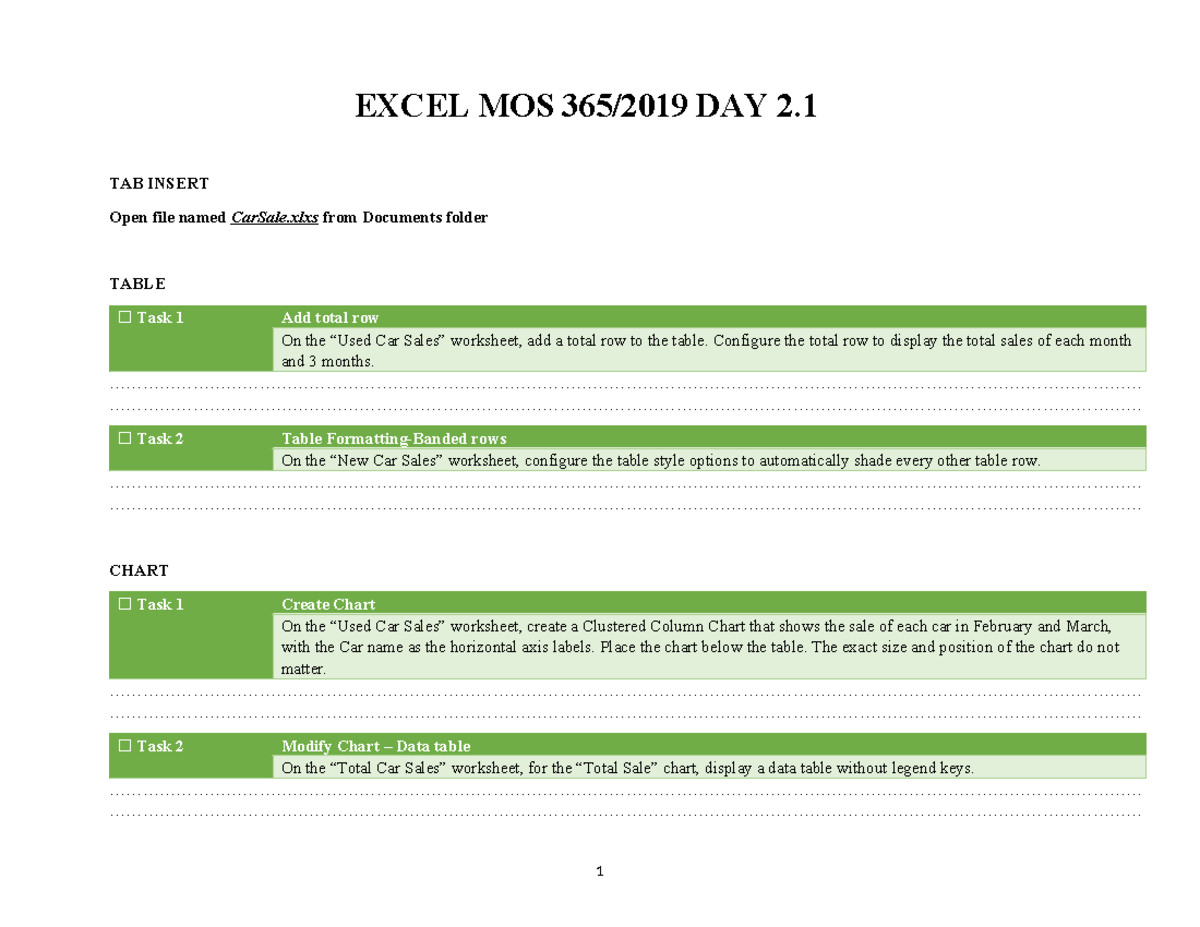 DAY 2 - DAY 2 - EXCEL MOS 365/2019 DAY 2. TAB INSERT Open file named ...