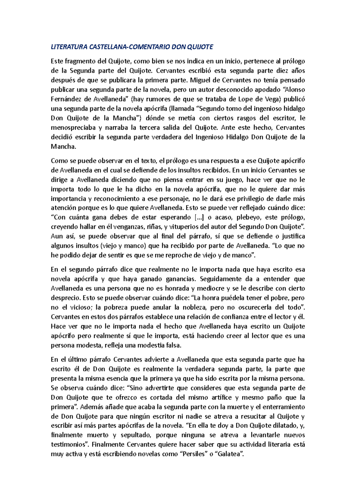 Comentario De Texto Quijote - LITERATURA CASTELLANA-COMENTARIO DON ...