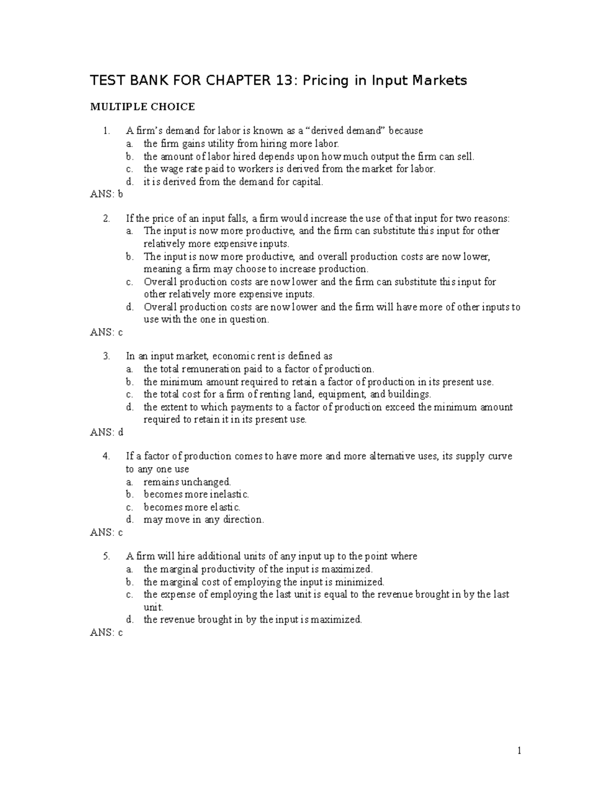 TEST BANK FOR Chapter 13 - TEST BANK FOR CHAPTER 13: Pricing in Input ...