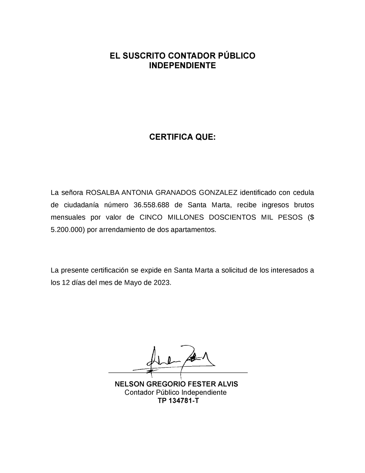 Rosalba Certificacion El Suscrito Contador PÚblico Independiente