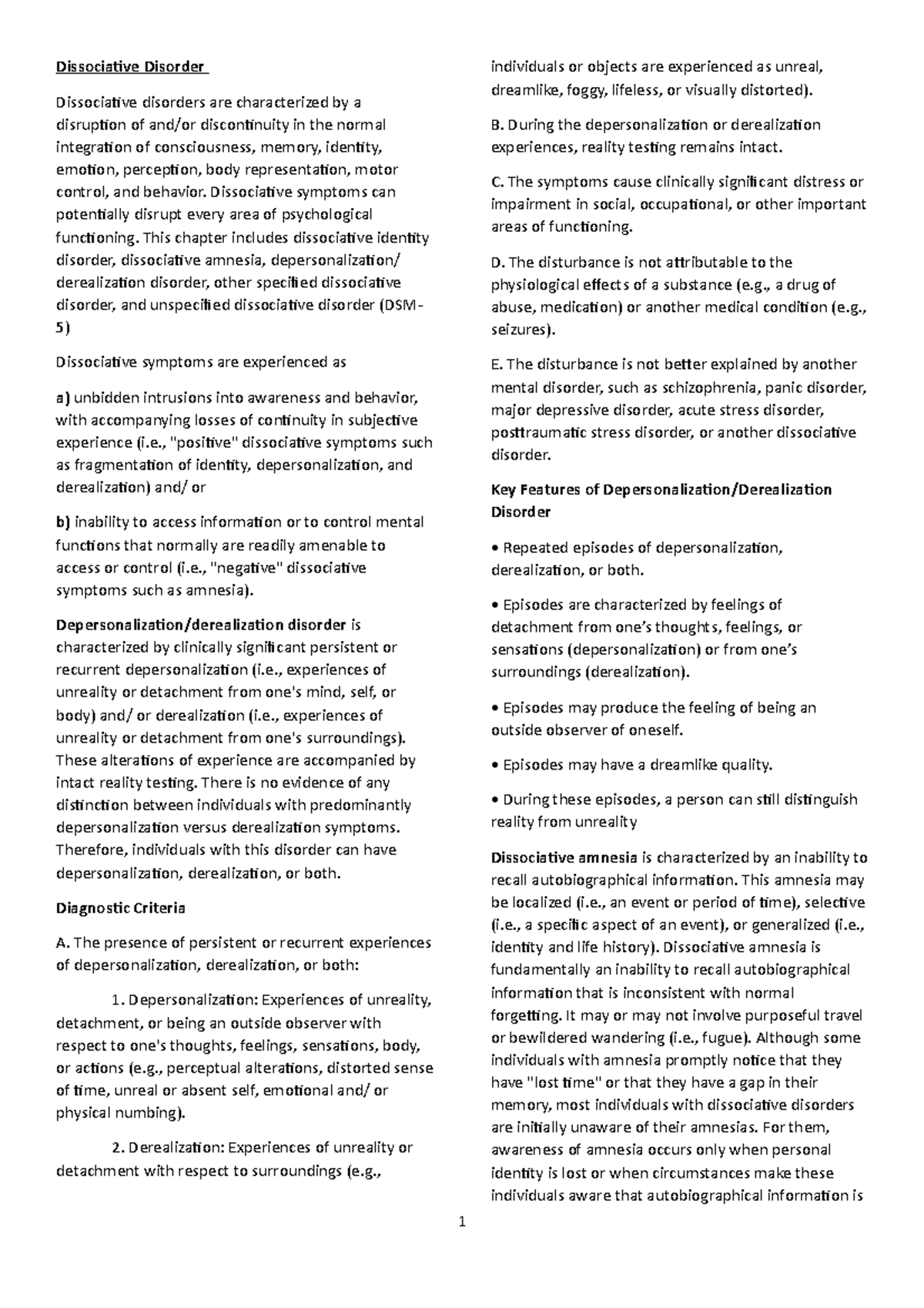 Dissociative-Disorder-Notes - Dissociative Disorder Dissociative ...