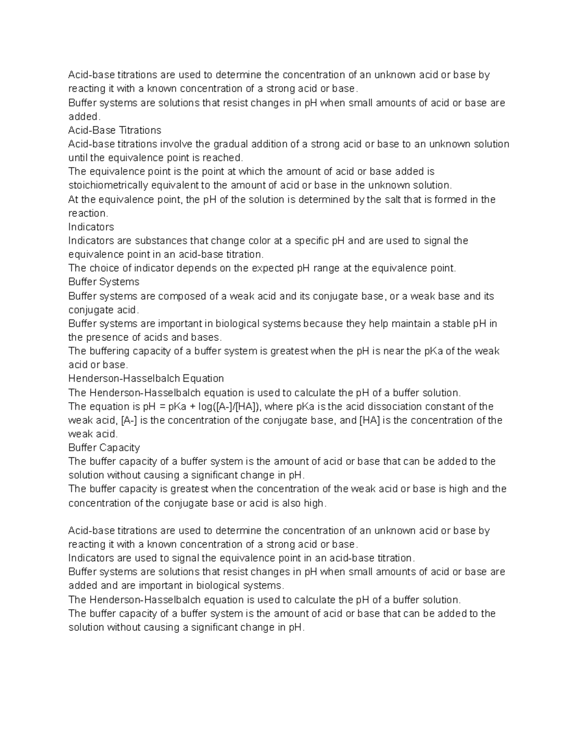 AcidBase Titrations and Buffer Systems Notes Acidbase titrations