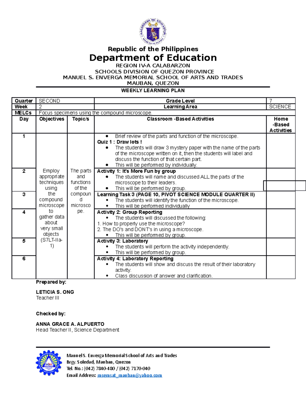 WLP Science-7-Q2-W2 - NONE - Republic of the Philippines Department of ...