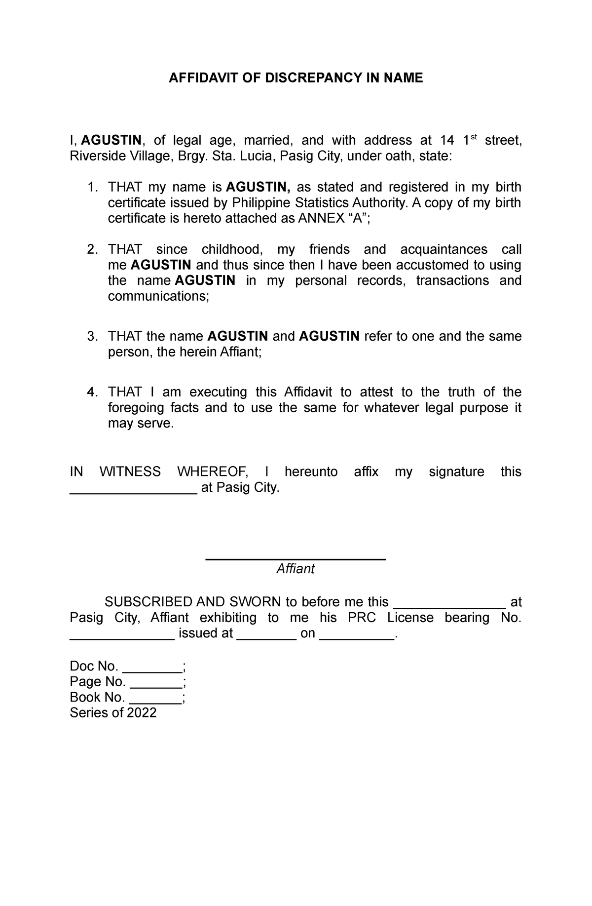 Affidavit Of Discrepancy Affidavit Of Discrepancy In Name I Agustin Of Legal Age Married 1059