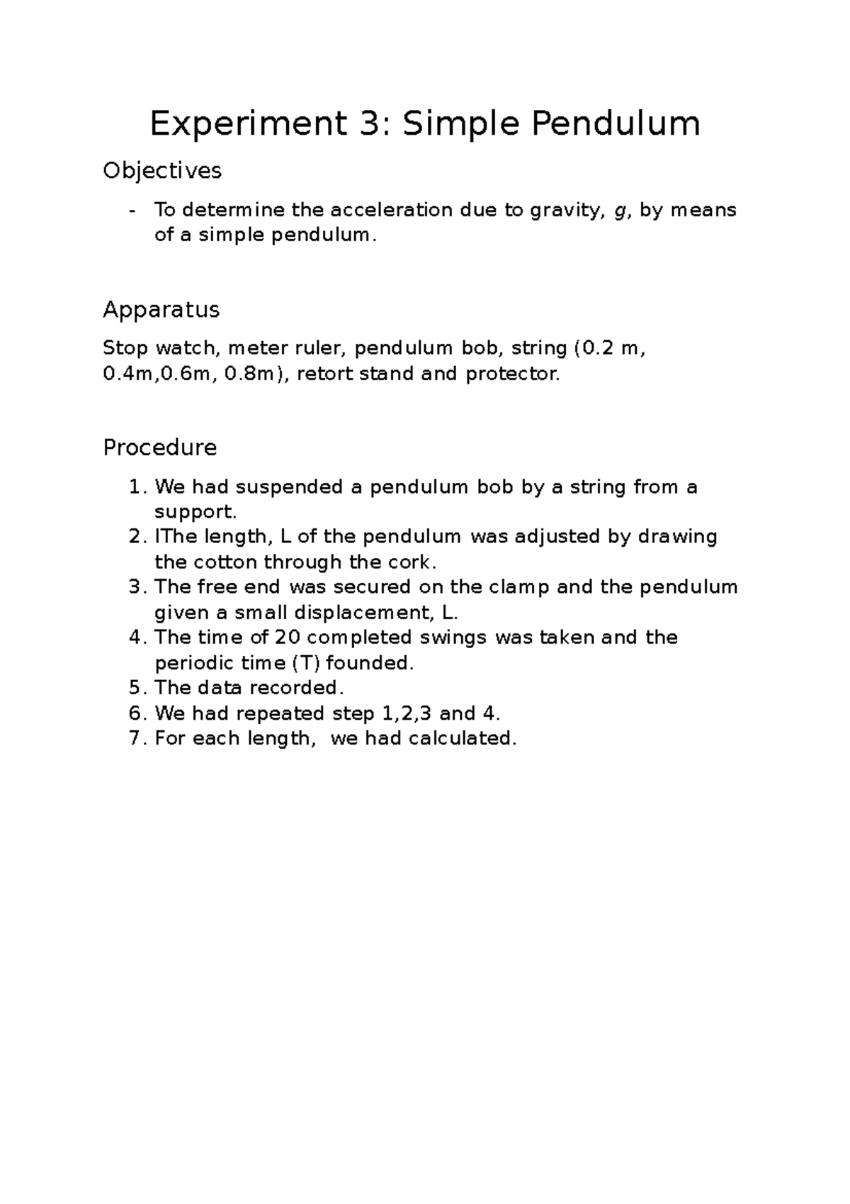 Simple pendulum experiment - Experiment 3: Simple Pendulum Objectives ...