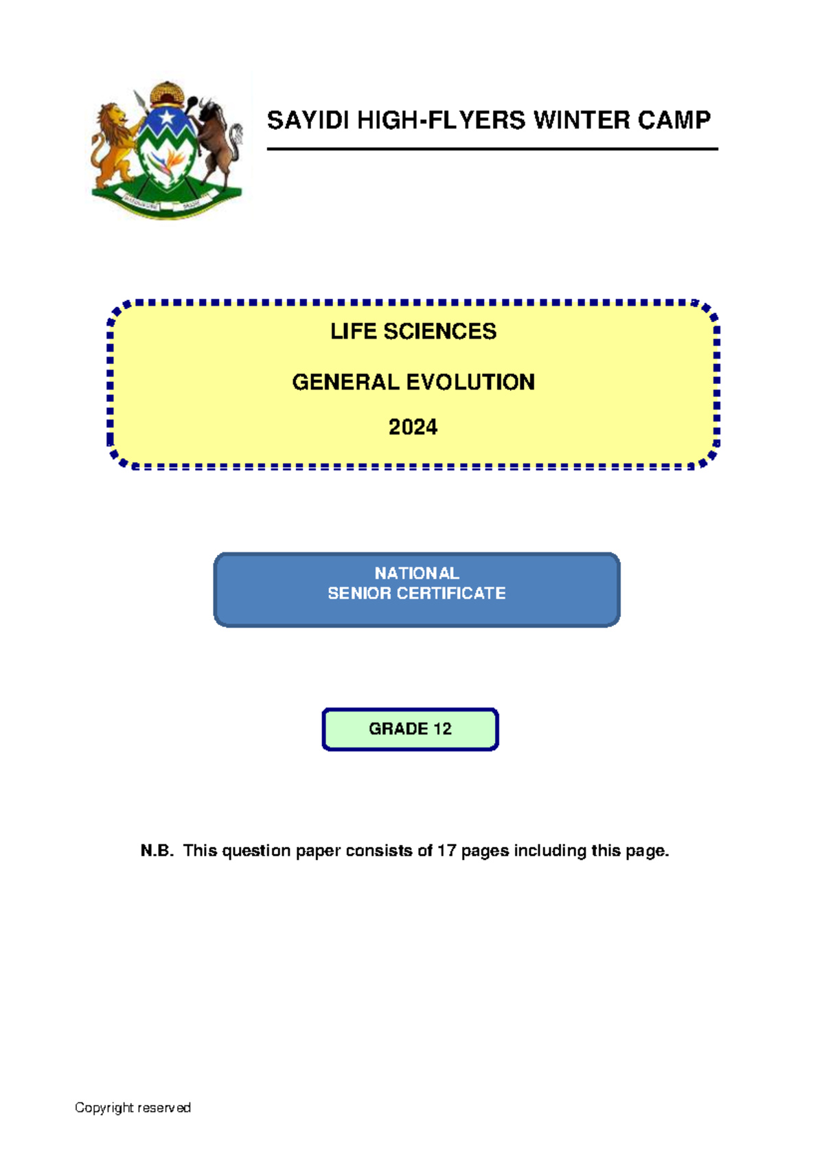 General Evolution Worksheet - Copyright reserved SAYIDI HIGH-FLYERS