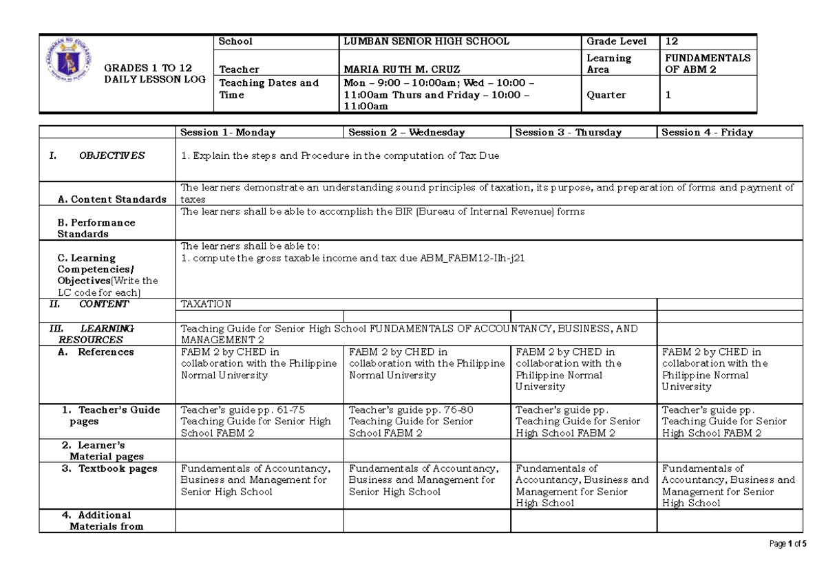 Fabm 2 Dll January 16-20 - Grades 1 To 12 Daily Lesson Log School 