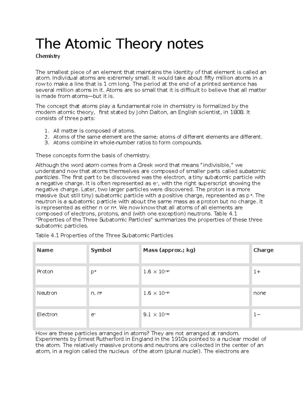 The Atomic Theory notes - The Atomic Theory notes Chemistry The ...