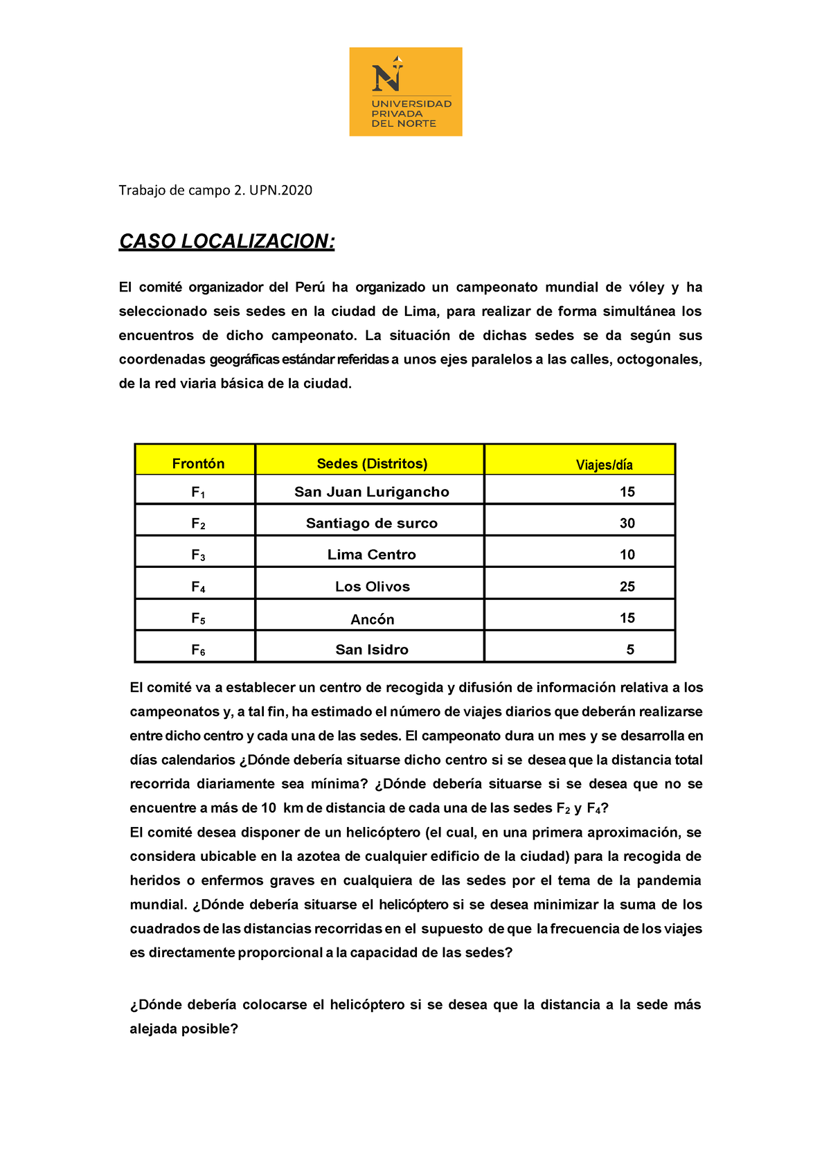 Trabajo DE Campo 1 CASO Localizacion. UPN . 3196 - Trabajo de campo 2