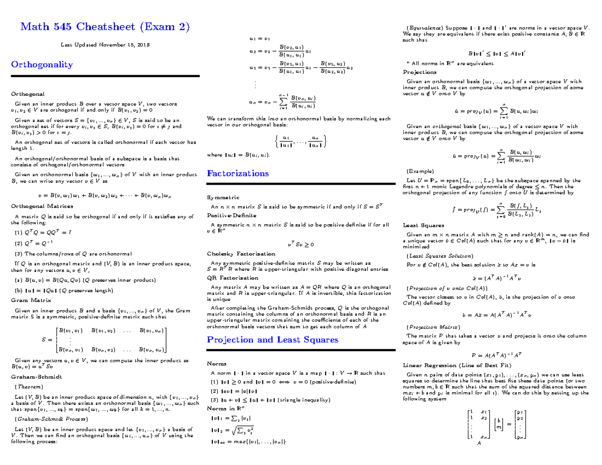 Exam 2 Cheatsheet - Math 545 Cheatsheet (Exam 2) (Equivalence) Suppose ...