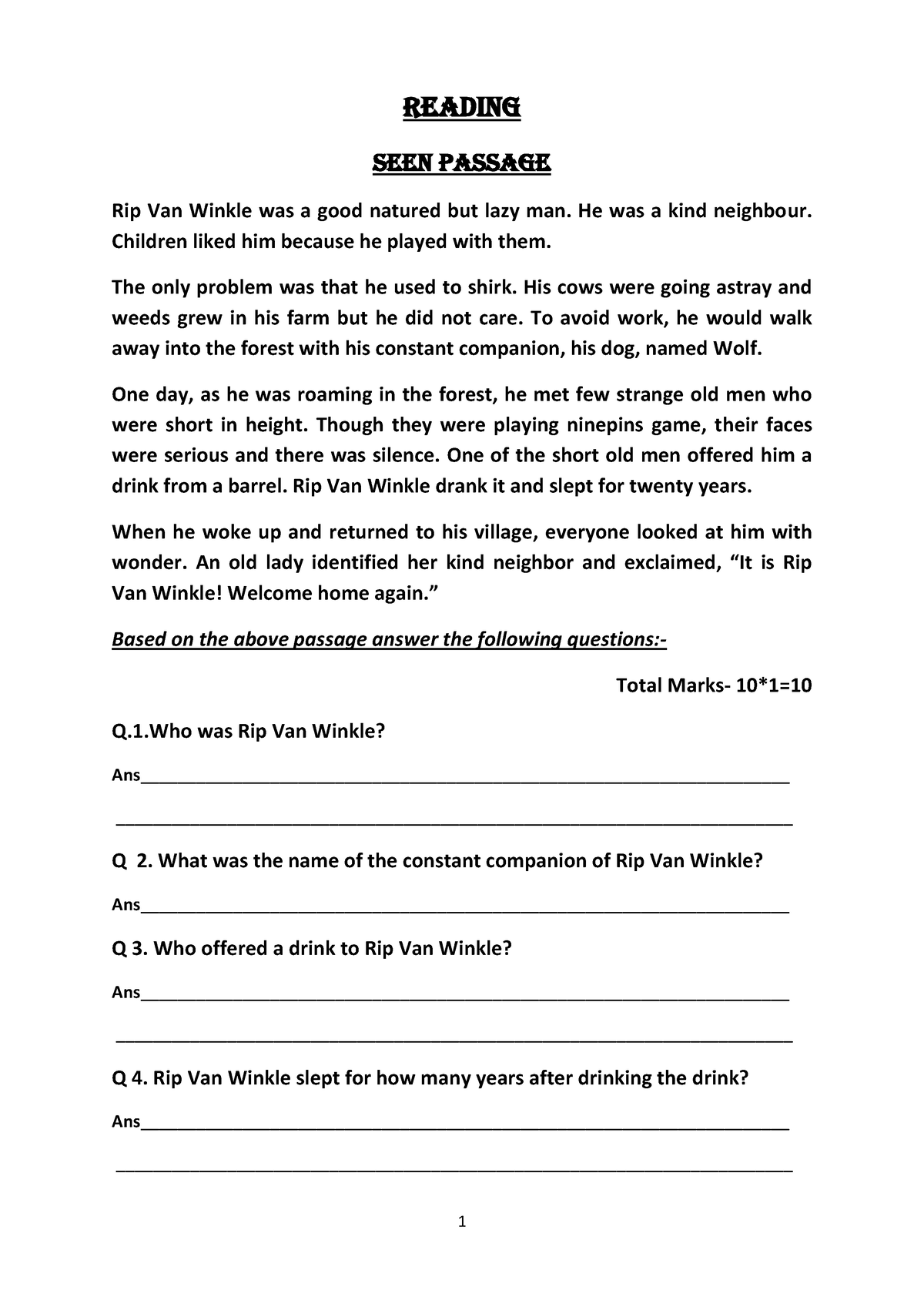 Class 5 English HY EXAM (2019-20) - Reading SEEN PASSAGE Rip Van Winkle ...