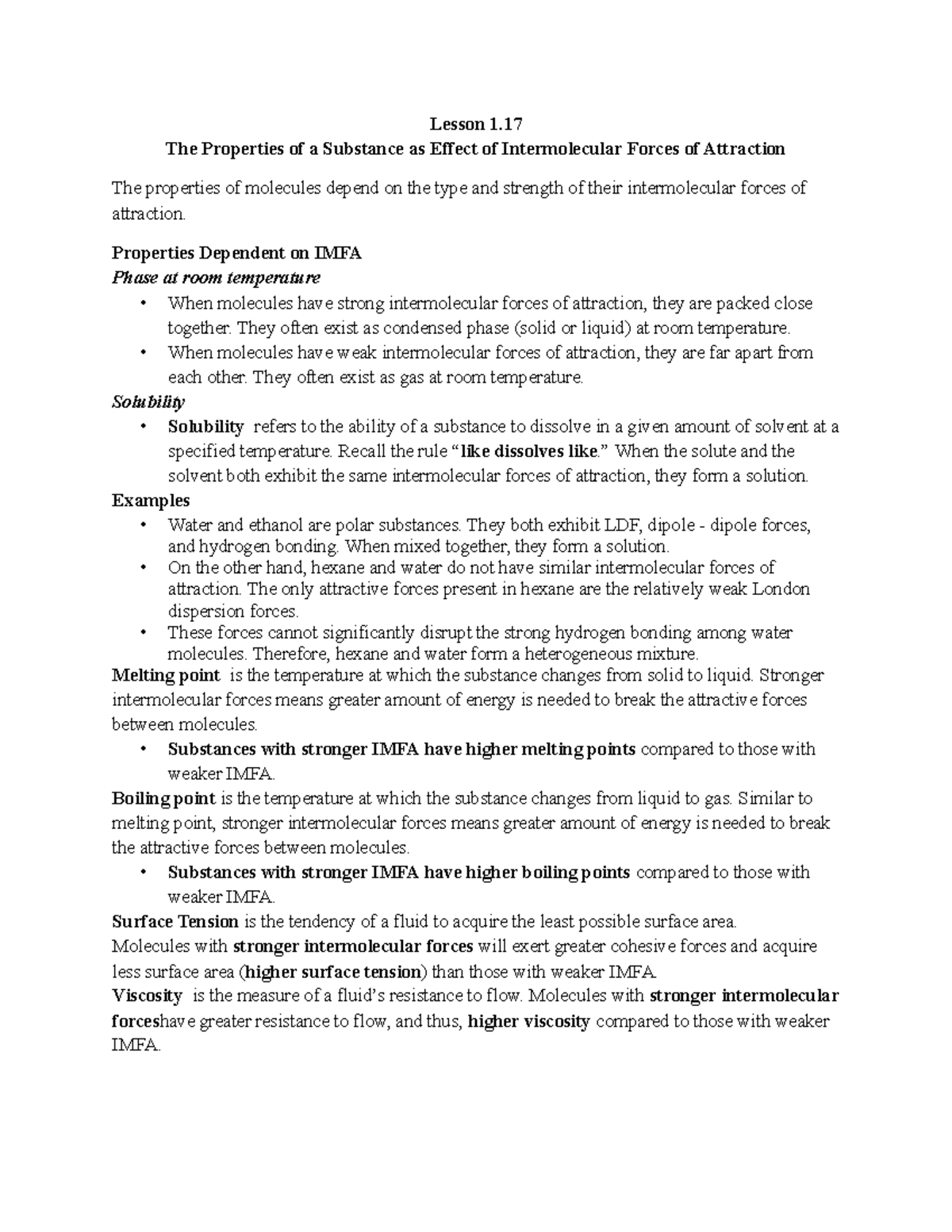The Properties of a Substance as Effect of Intermolecular Forces of ...