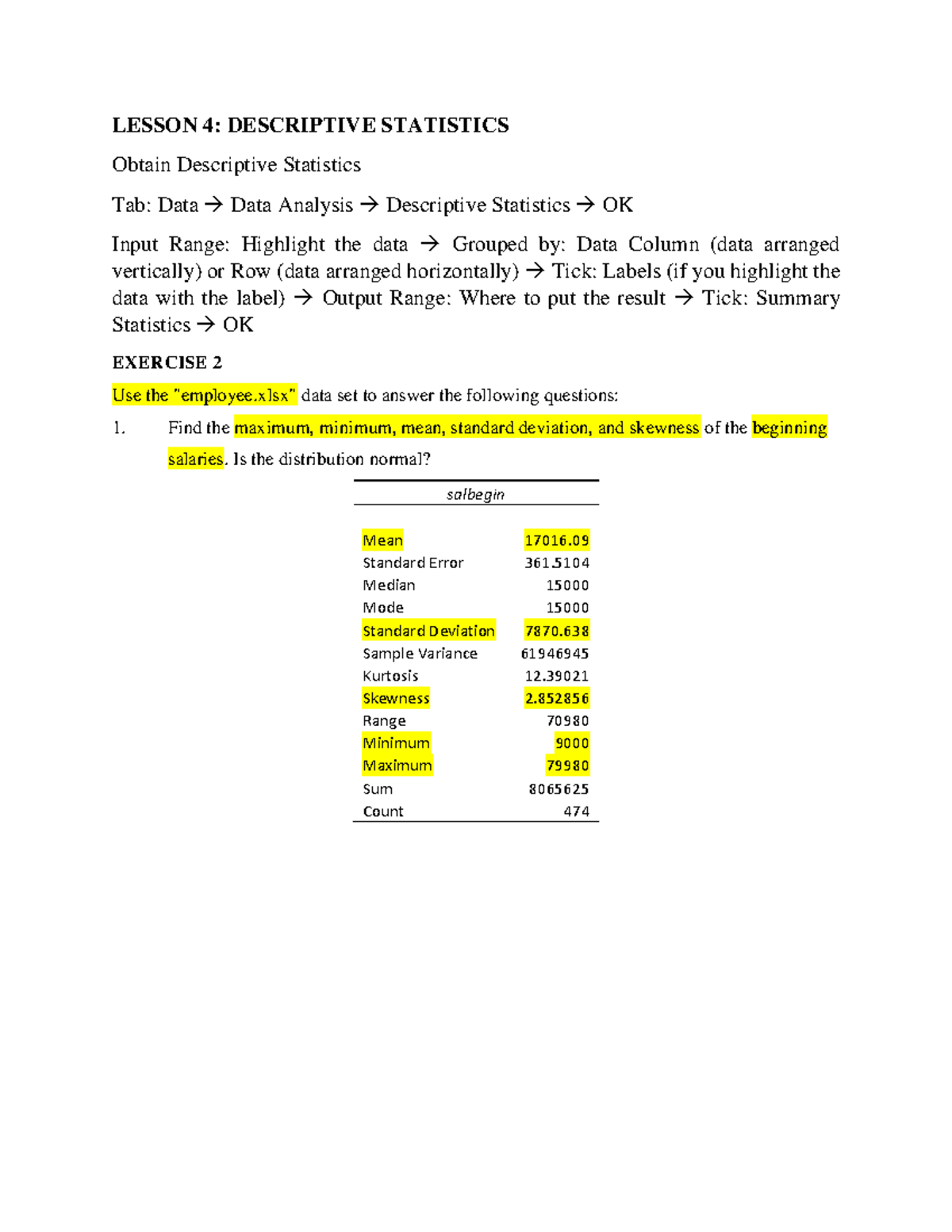 Lab 3 Descriptive statistics - LESSON 4: DESCRIPTIVE STATISTICS Obtain ...