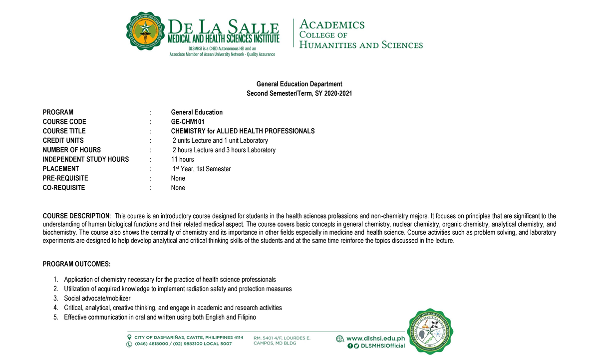 GECHM 101Chemistry for Allied Health Professionals General