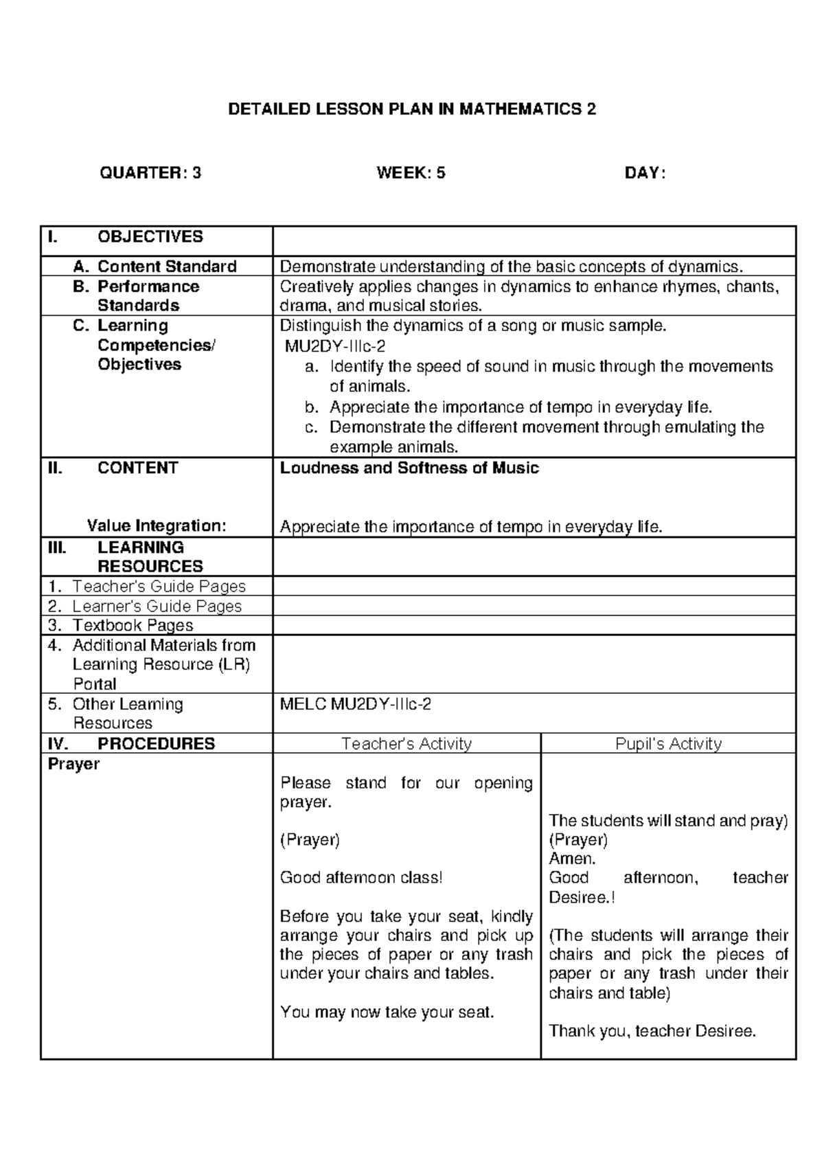 Loudness and Softness of Music DLP - DETAILED LESSON PLAN IN ...