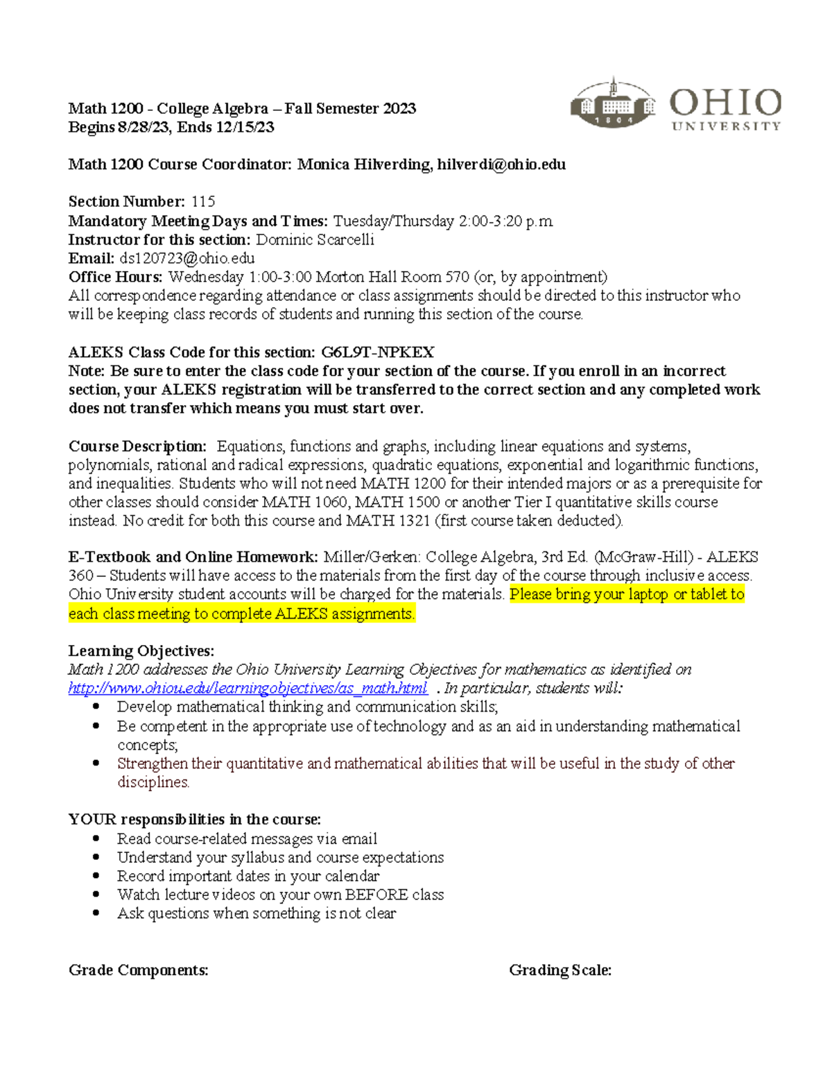 Math 1200 Syllabus Fall 2023 - Math 1200 - College Algebra – Fall ...