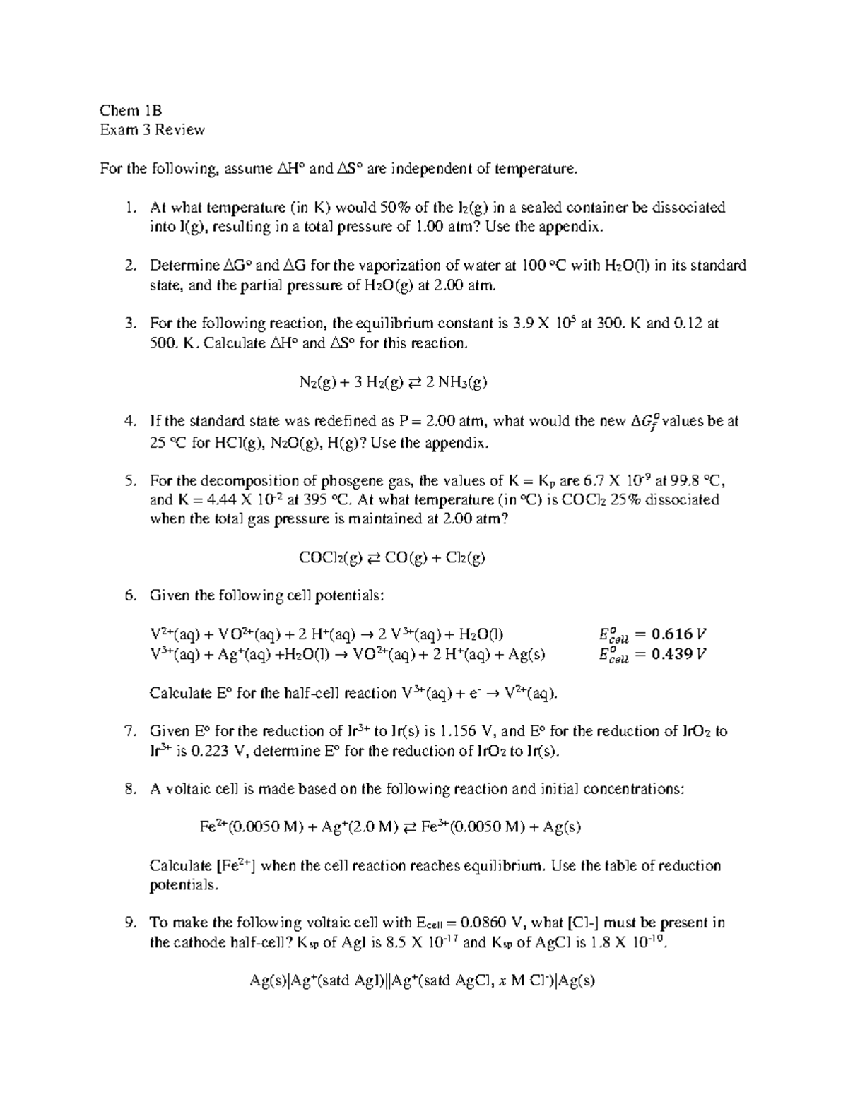 Chem 1B - Exam 3 - Review - Chem 1B Exam 3 Review For The Following ...