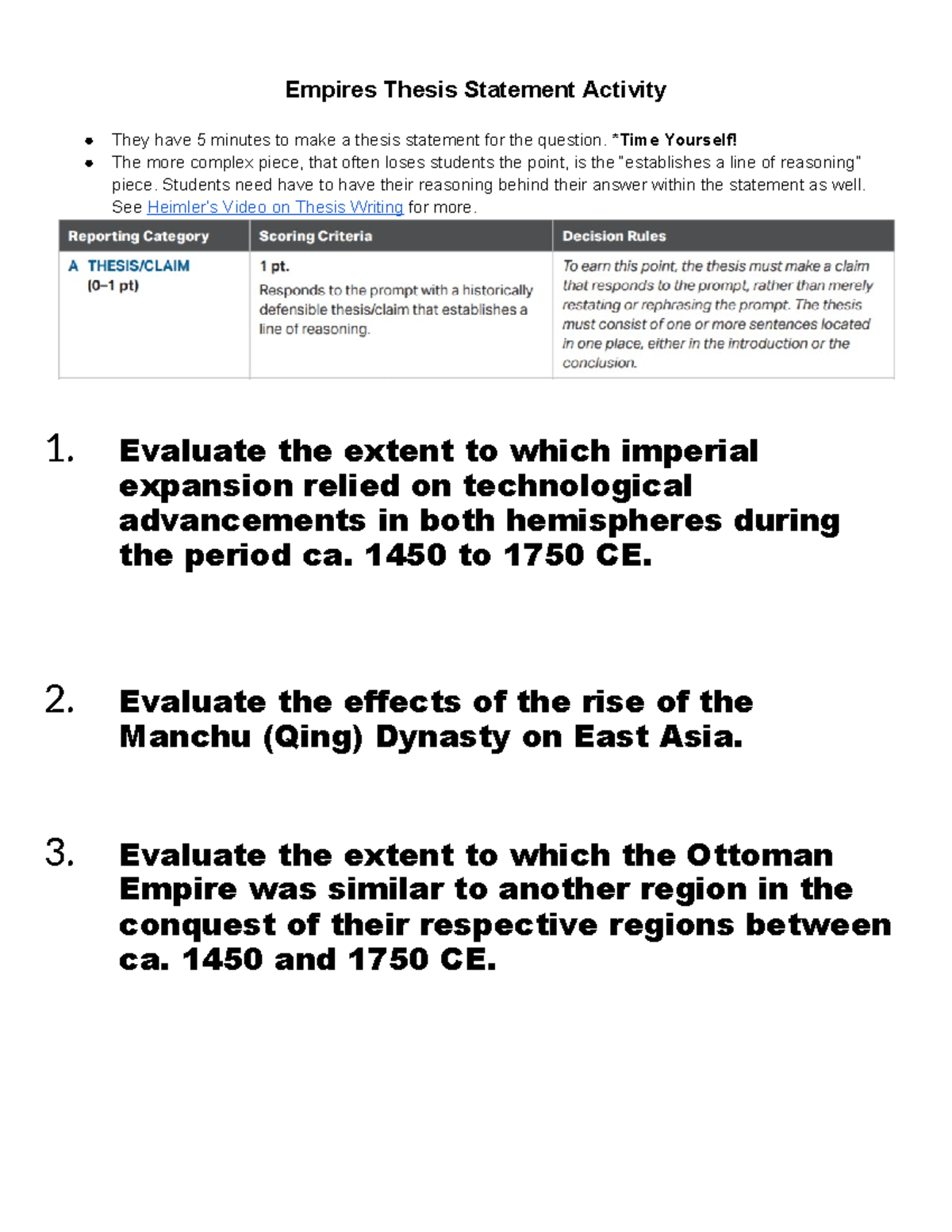 empires thesis statement activity answers