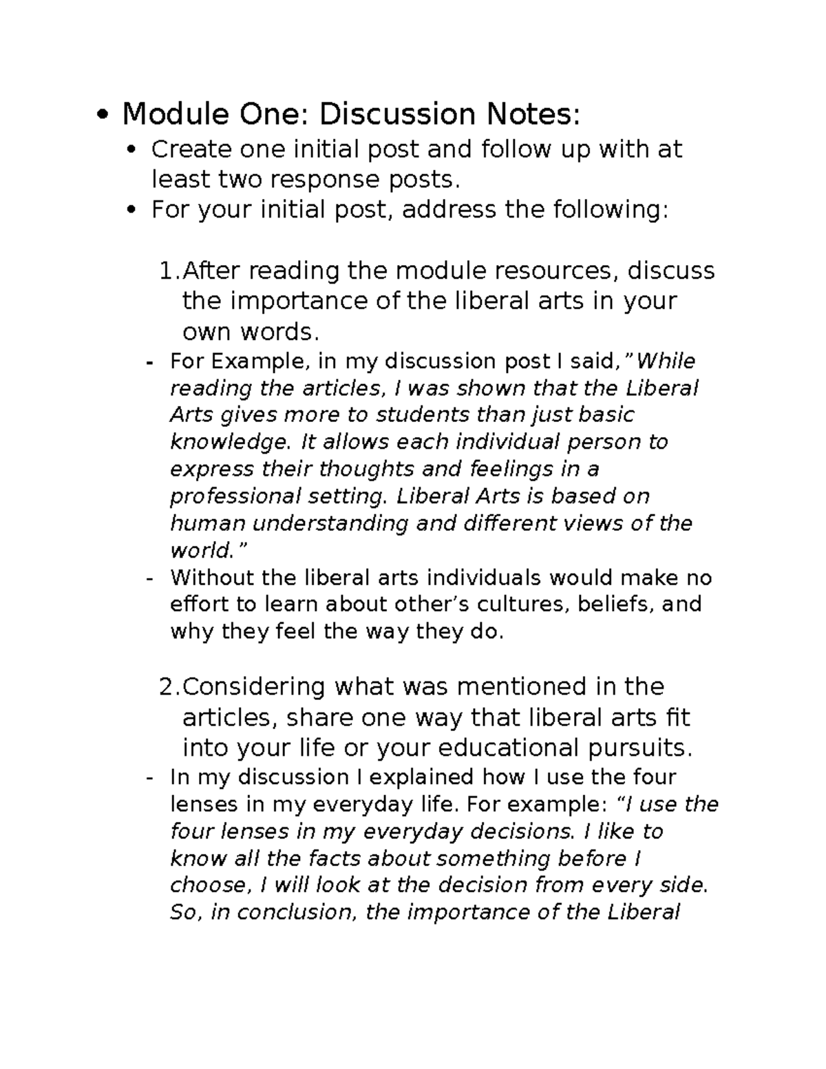 Module one Discussion notes in liberal arts - Module One: Discussion ...