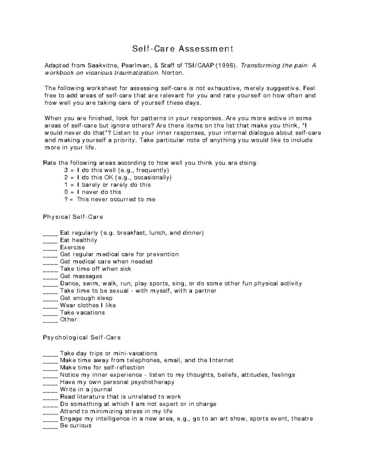 Selfcareassessment QUESTIONNAIRE FOR SelfCare Assessment Adapted