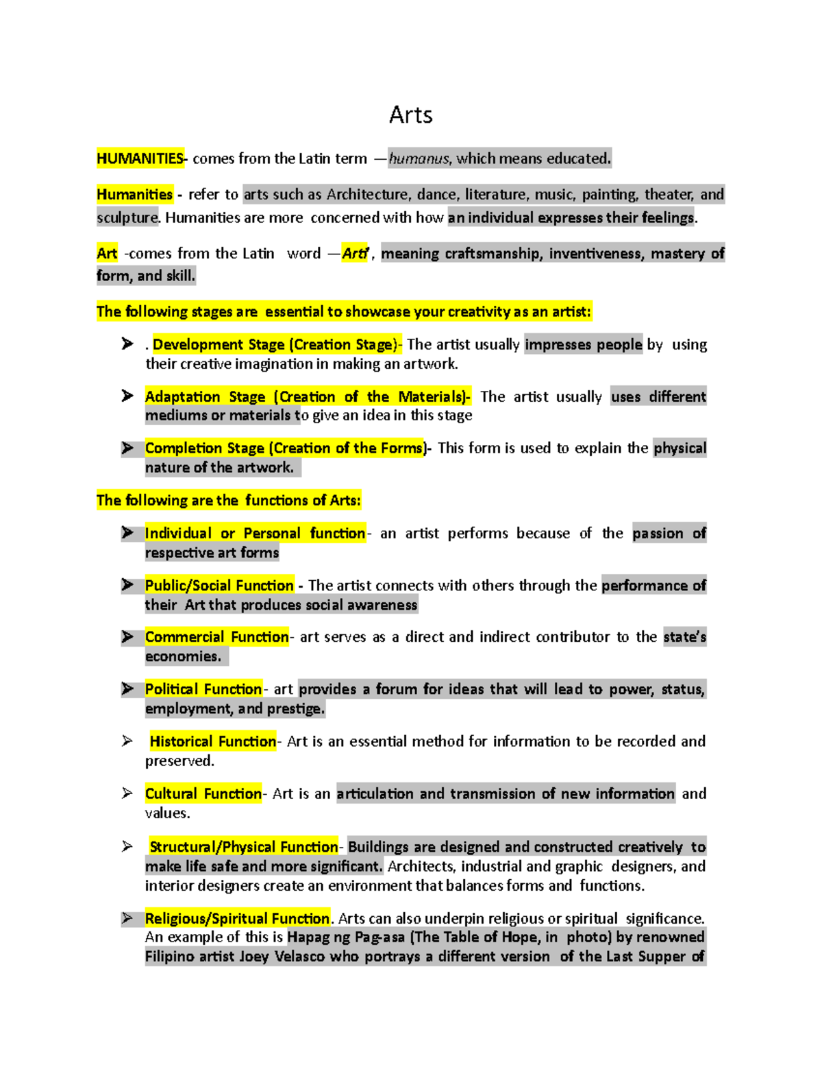 Art Appreciation Notes Arts HUMANITIES comes from the Latin term