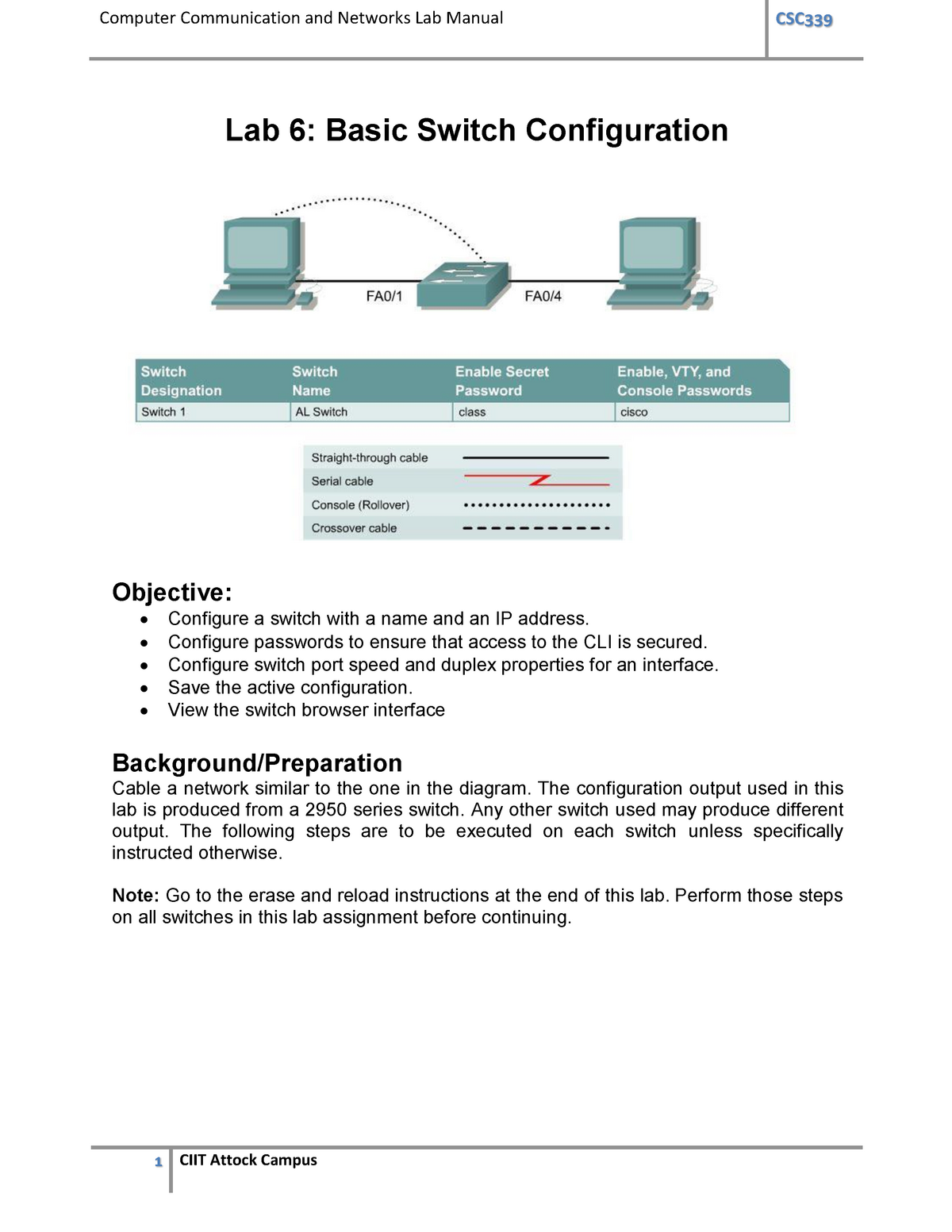 Lab 6 Switch Configuration - Lab 6: Basic Switch Configuration ...