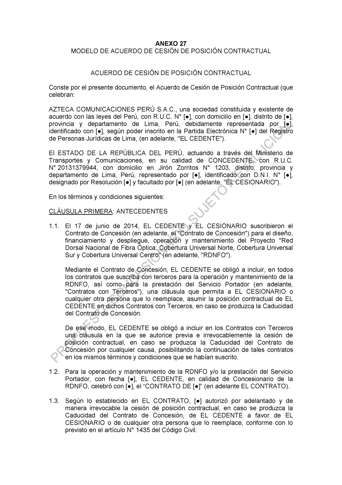 Modelo DE Contrato DE Cesion - ANEXO 27 MODELO DE ACUERDO DE CESIÓN DE  POSICIÓN CONTRACTUAL ACUERDO - Studocu