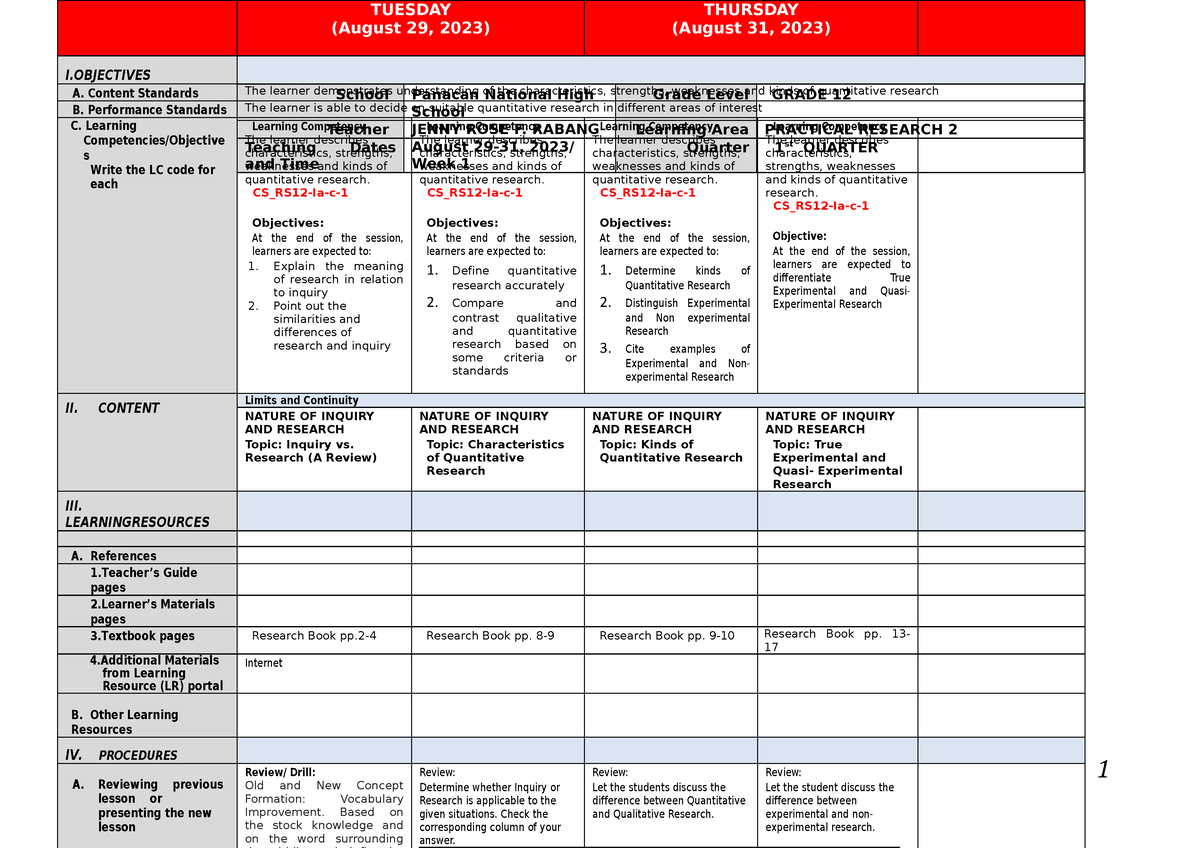 Pr2 dll week 1 - quantitative research - GRADE 12 DAILYLESSONLOG School ...