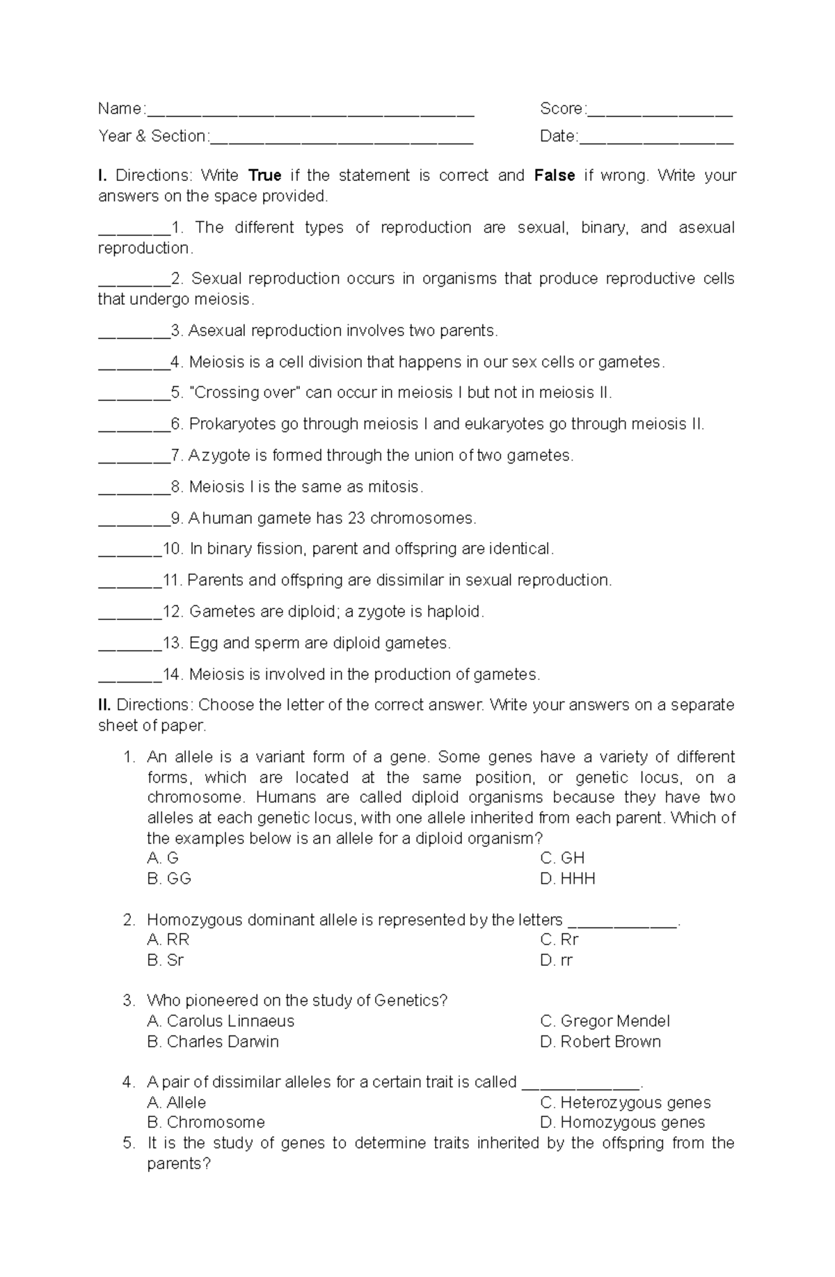 Scie 4 Test - Sample Exams for True or False, Multiple choice ...