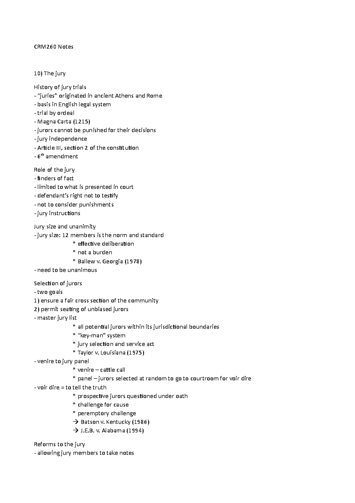 CRM260 Notes 10 and 11 - CRM260 Notes 10) The jury History of jury ...