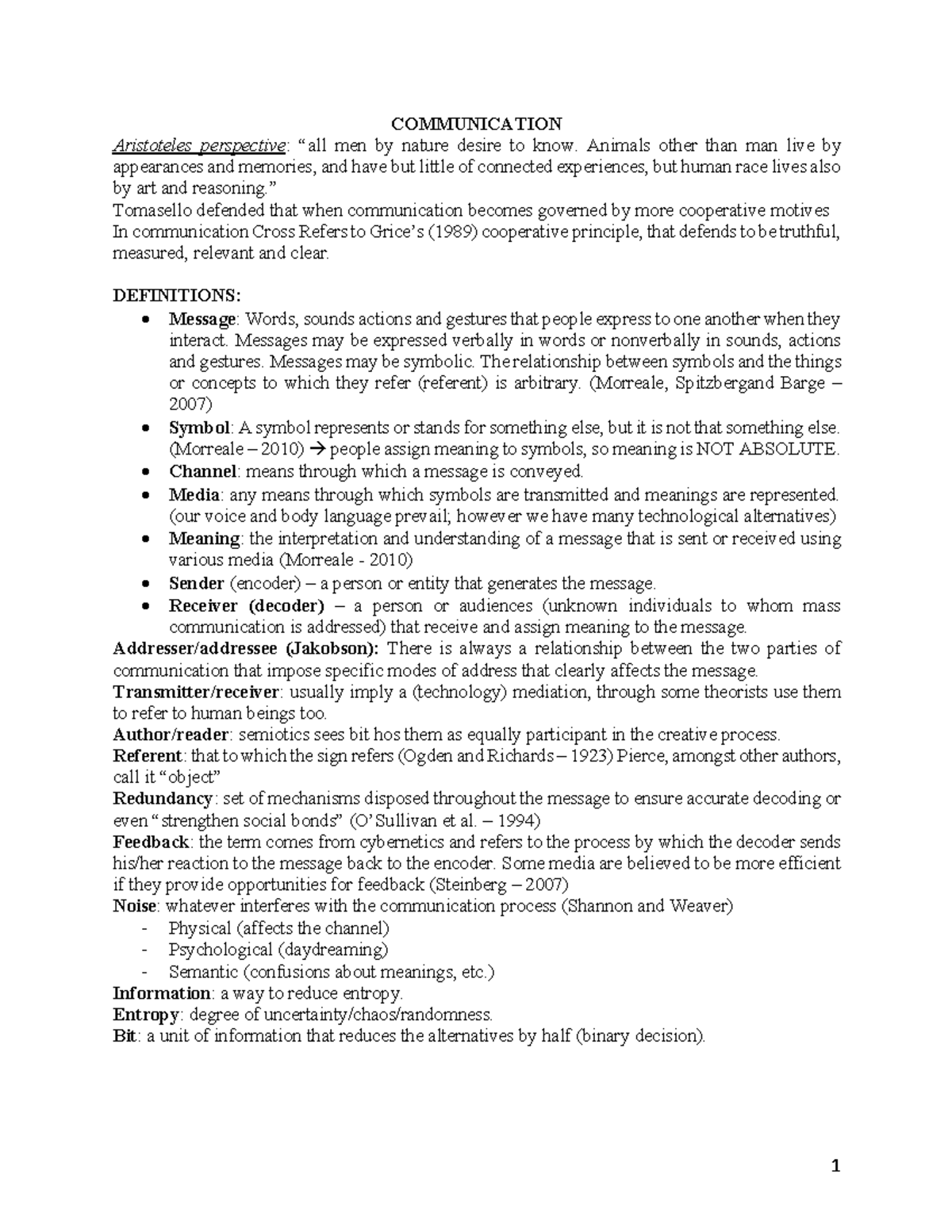 TCI notes summary - COMMUNICATION Aristoteles perspective: “all men by ...