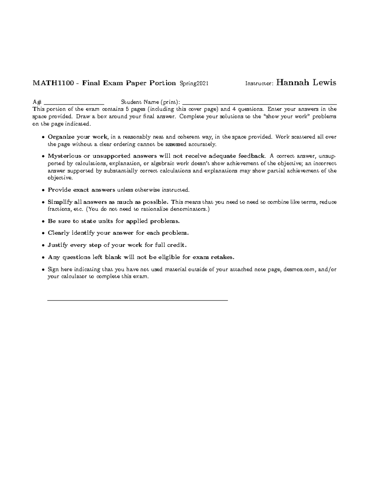 1100 Math (calculus techneqnies) Final Exam Fall 2020 - MATH 1100 ...