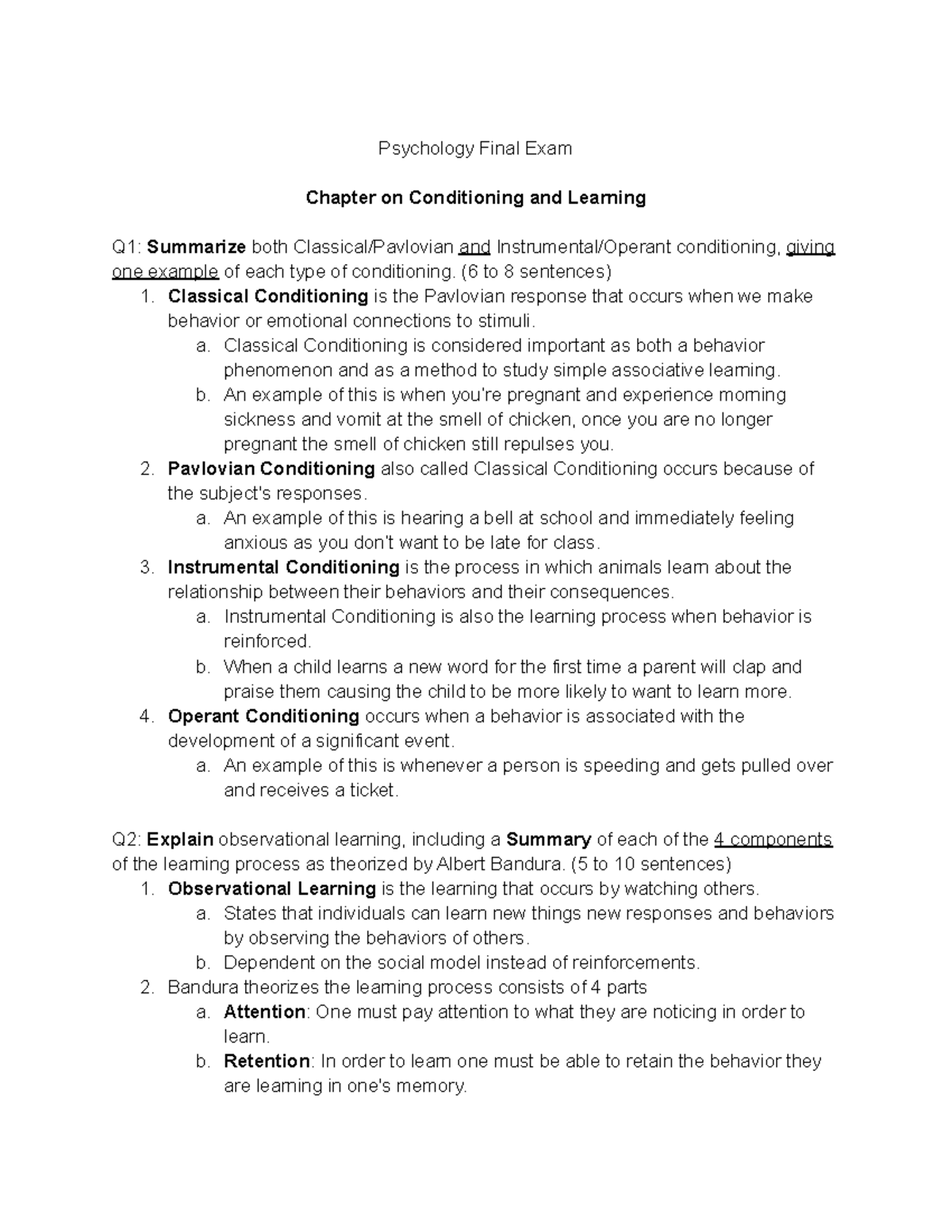 Psych Final Exam - Exam - Psychology Final Exam Chapter On Conditioning ...