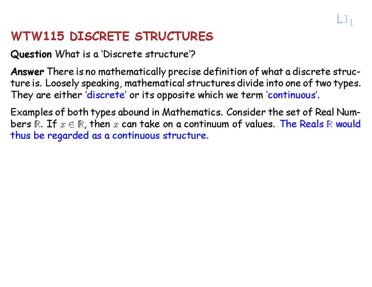 WTW115 Lecture 01 (pre Lecture Notes) 2023 - WTW115 DISCRETE STRUCTURES ...